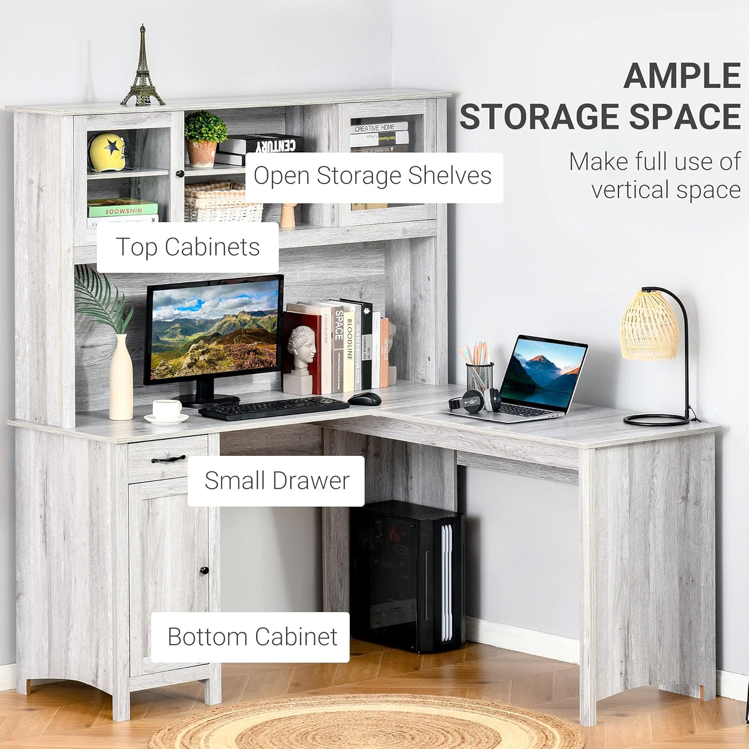 ໂຕະເຮັດວຽກທີ່ມີ ample storage space including hutch, drawer, and cabinet