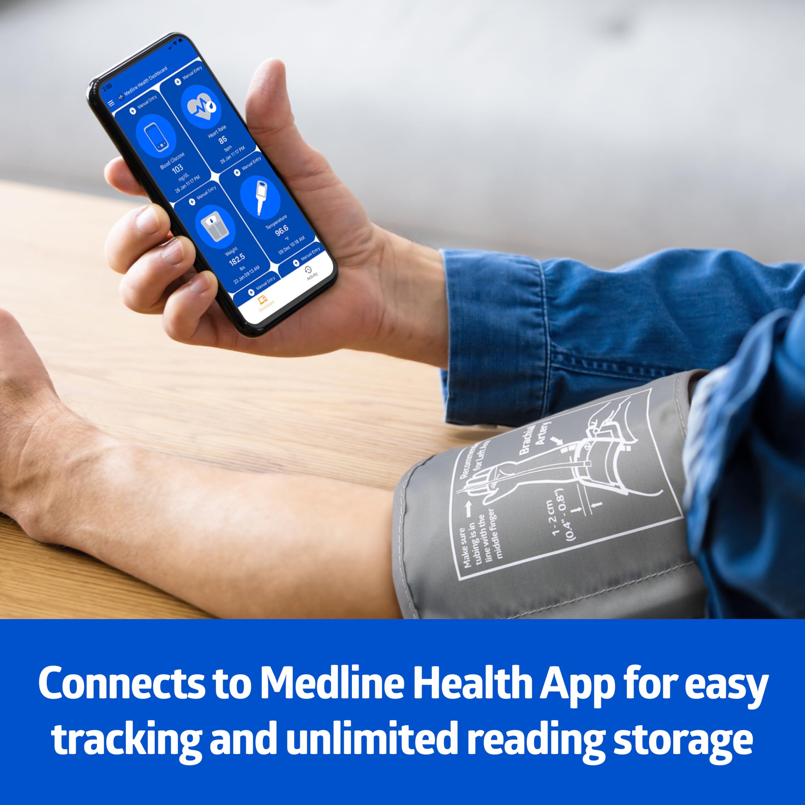Medline Monitor ciśnienia krwi Bluetooth, uniwersalny mankiet na ramię, cyfrowy wyświetlacz LCD, integracja z aplikacją zdrowotną, przechowuje do 120 odczytów, etui i baterie w zestawie