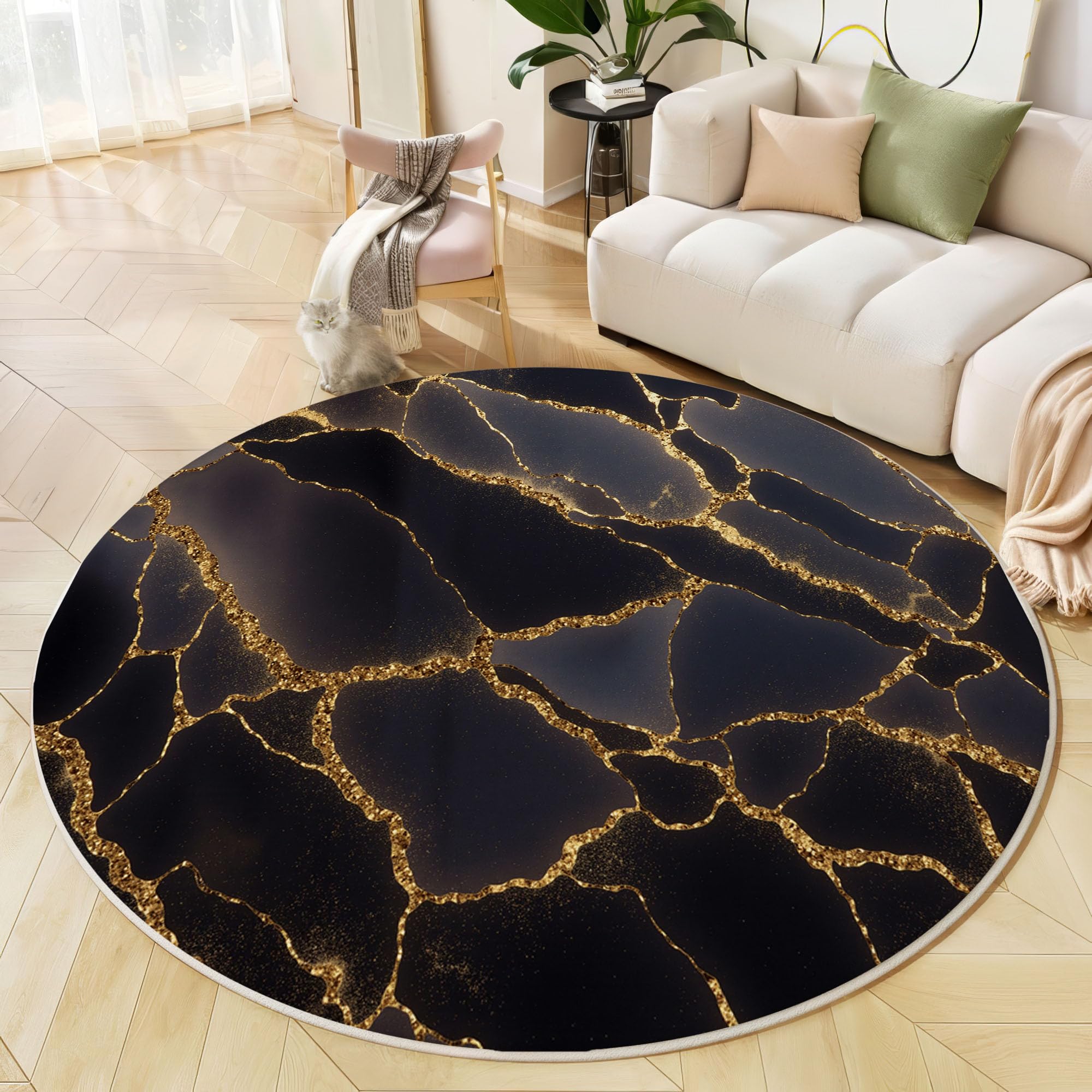 Tapis rond poils courts doux marbre noir et or 80 cm pour vestibule