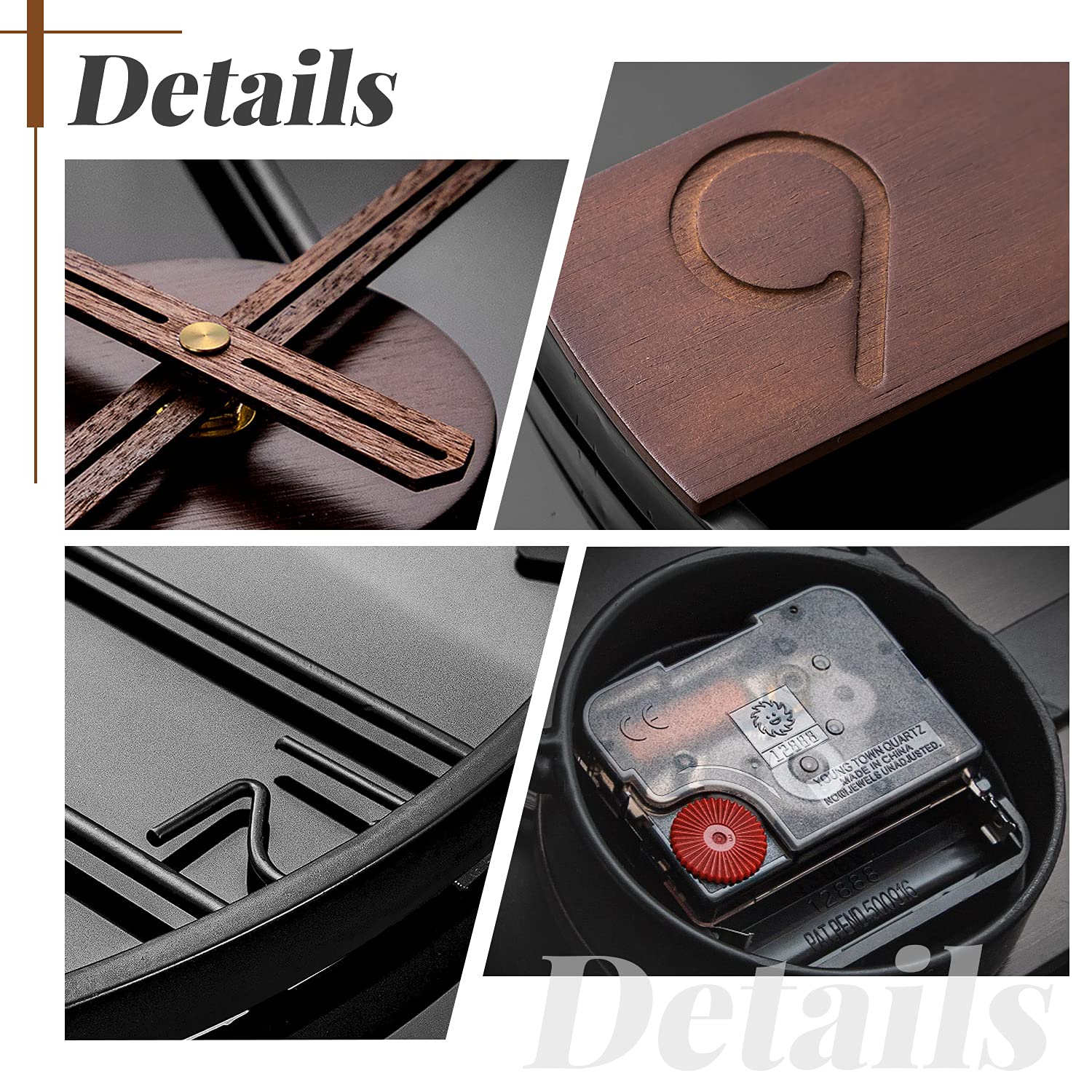 Yumyolk Reloj Pared Grande, con Bisel Negro Redondo de Hierro de 60 cm, Agujas Marrones, decoración de Tablero de Nogal e indicación de la Hora para Salón Dormitorio Oficina
