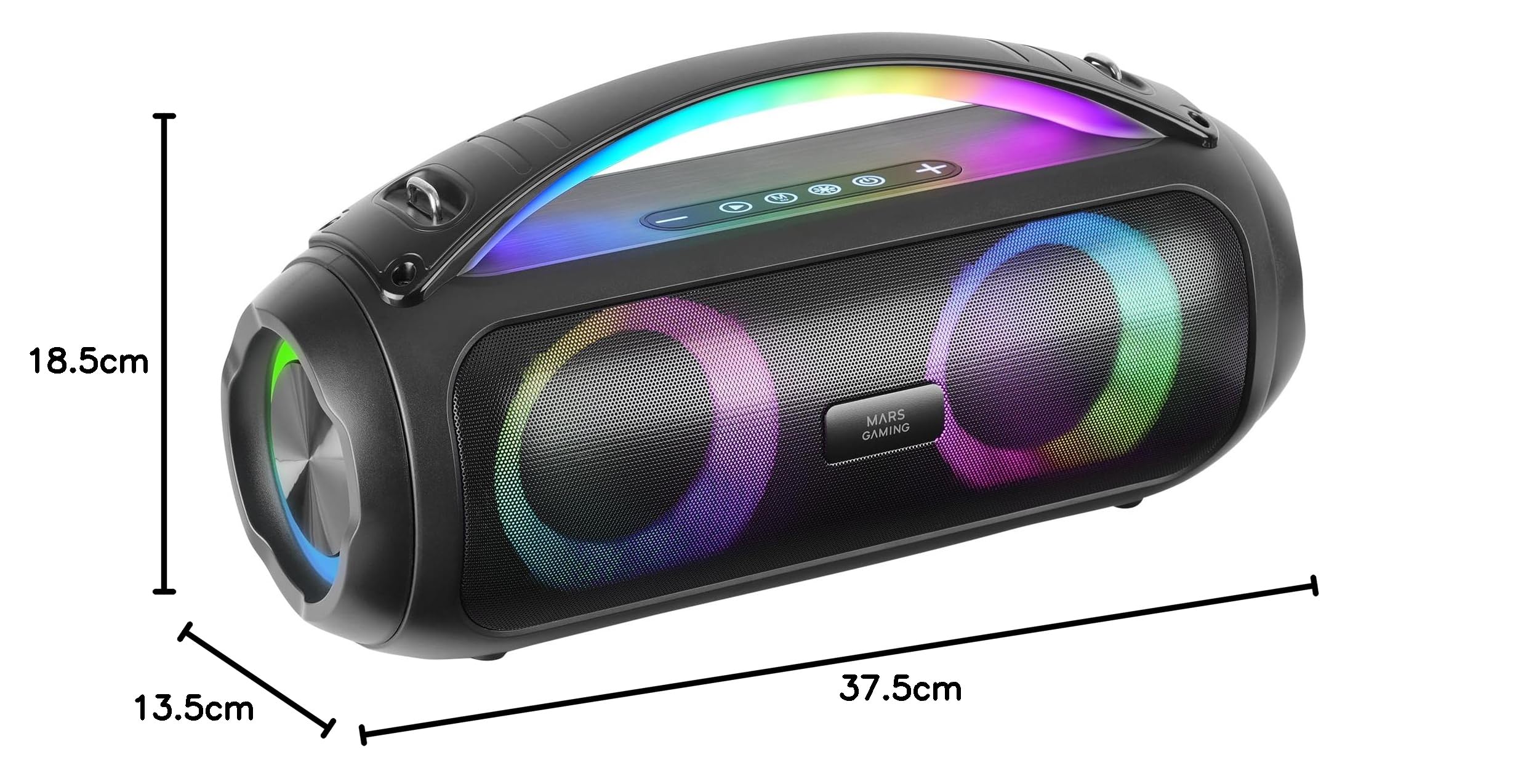 Mars Gaming MS-Pulse, Altavoz Bluetooth Portátil 50W RMS, Iluminación RGB, 2 Drivers Activos 93mm + 2 Drivers Pasivos Ultra-Bass, Función Manos Libres, USB/MicroSD/AUX/FM, Asa y Correa, Negro