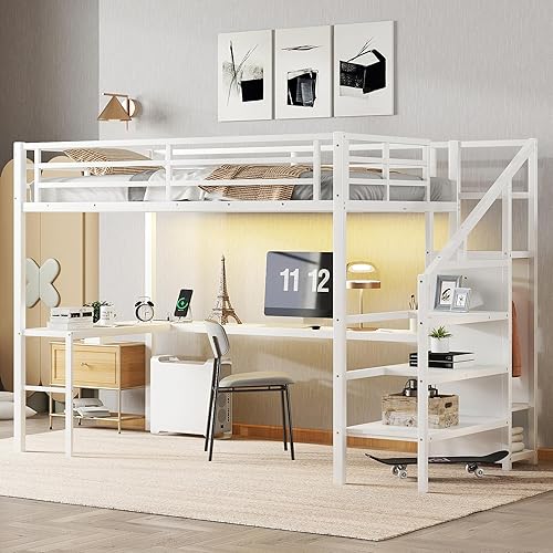 Miniatura 10 de Harper &amp; Bright Designs Cama tipo loft de metal de tamaño individual con escritorio, cama alta con escalera y barandillas, cama tipo loft individual