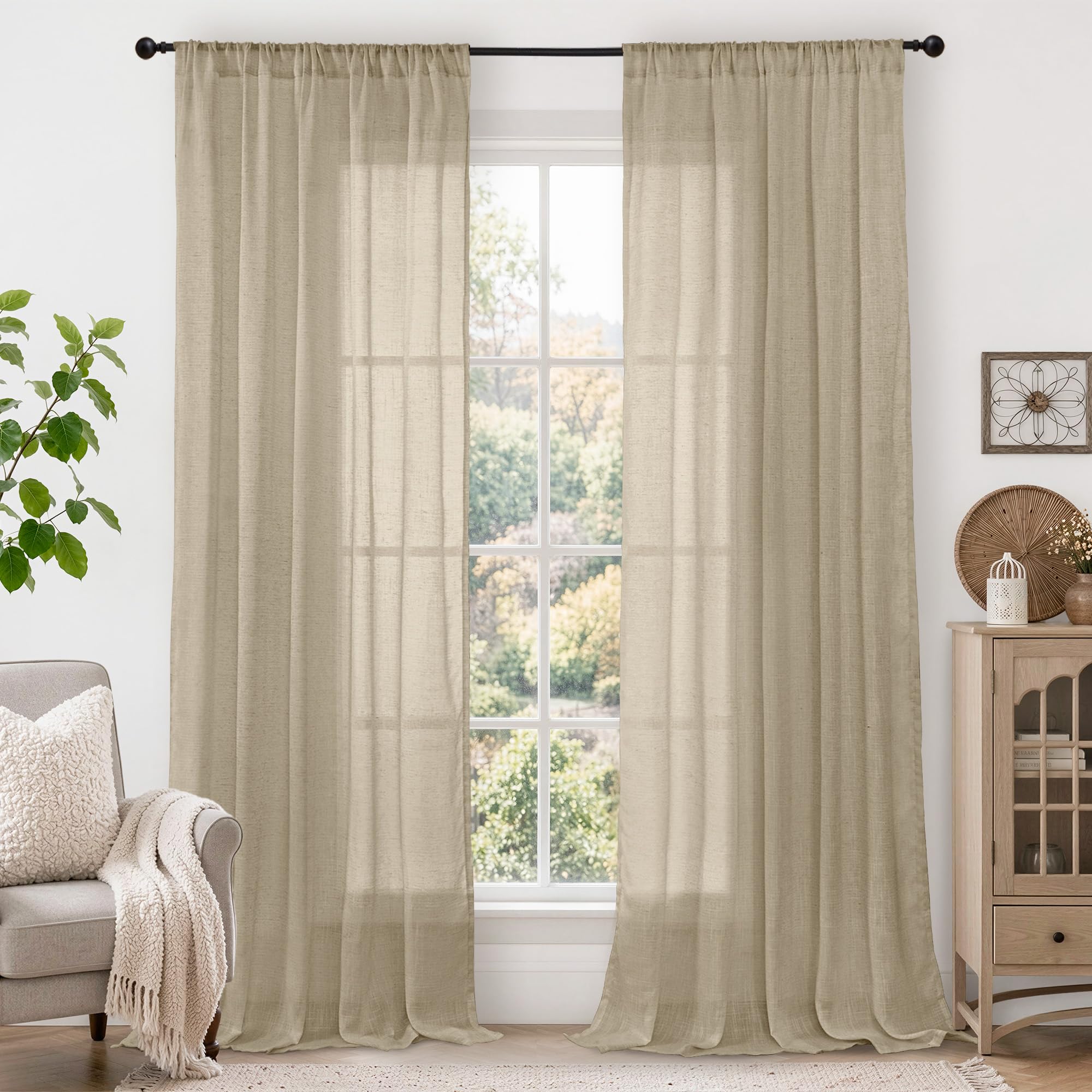 BGment 90 Inches Long Camel Linen Curtains for Living Room - Light Filtering Semi Sheer Drapes with Rod Pocket Textured Lightweight Window Treatments for Bedroom, 2 Panels Set, 52 X 90 Inch