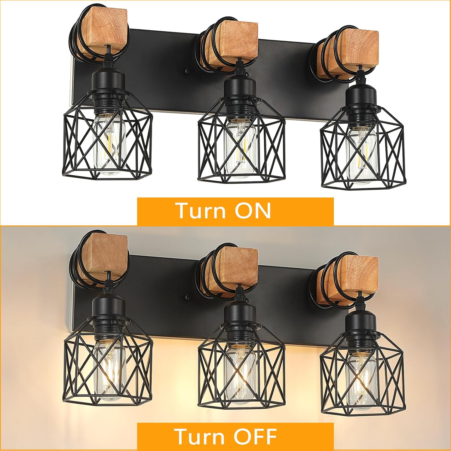 Black Farmhouse Wall Sconce, Rustic Industrial Wood Wall Mount Lamp, Bathroom Vanity Light, Black Vanity Lights & Bathroom Wall Light for Mirror, Restroom Light Fixture Indoor