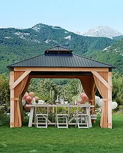 Hardtop Wood Gazebo 12'x12' for All Weather, with Double Metal Roof, Heavy Duty Wooden Frame, Net, and Curtain, Permanent Building for Patio, Deck, Backyard, Lawn, and Garden, Khaki