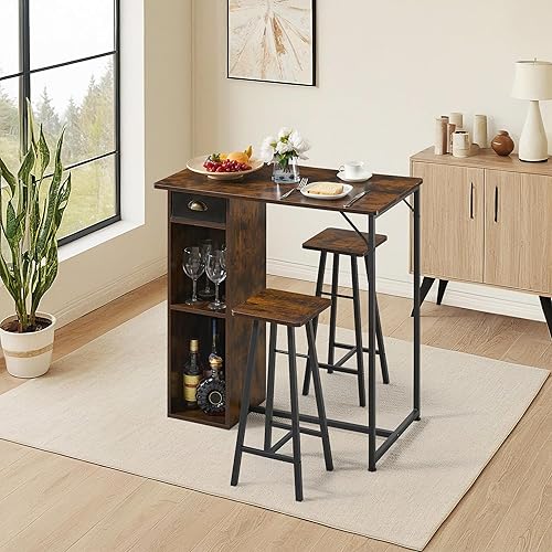 Miniatura 8 de Juego de mesa de comedor de 3 piezas para 2, mesa de comedor de altura de mostrador con estantes de almacenamiento y 2 taburetes, muebles de cocina