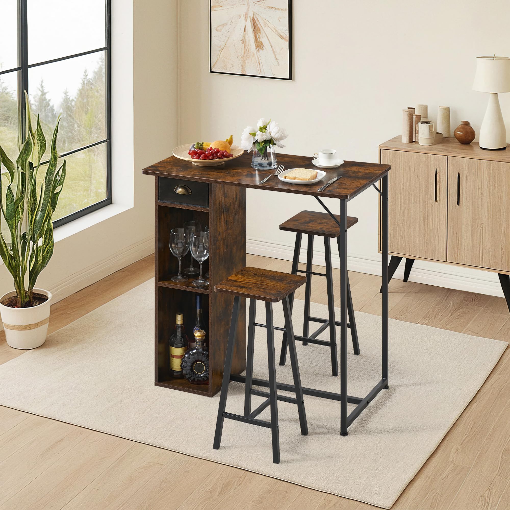 Juego de Comedor de 3 Piezas para 2 Personas, Mesa de Bar y 2 taburetes, Isla de Cocina de Altura de mostrador con estantes de Almacenamiento, cajón, Mesa pequeña de Cocina para Comedor