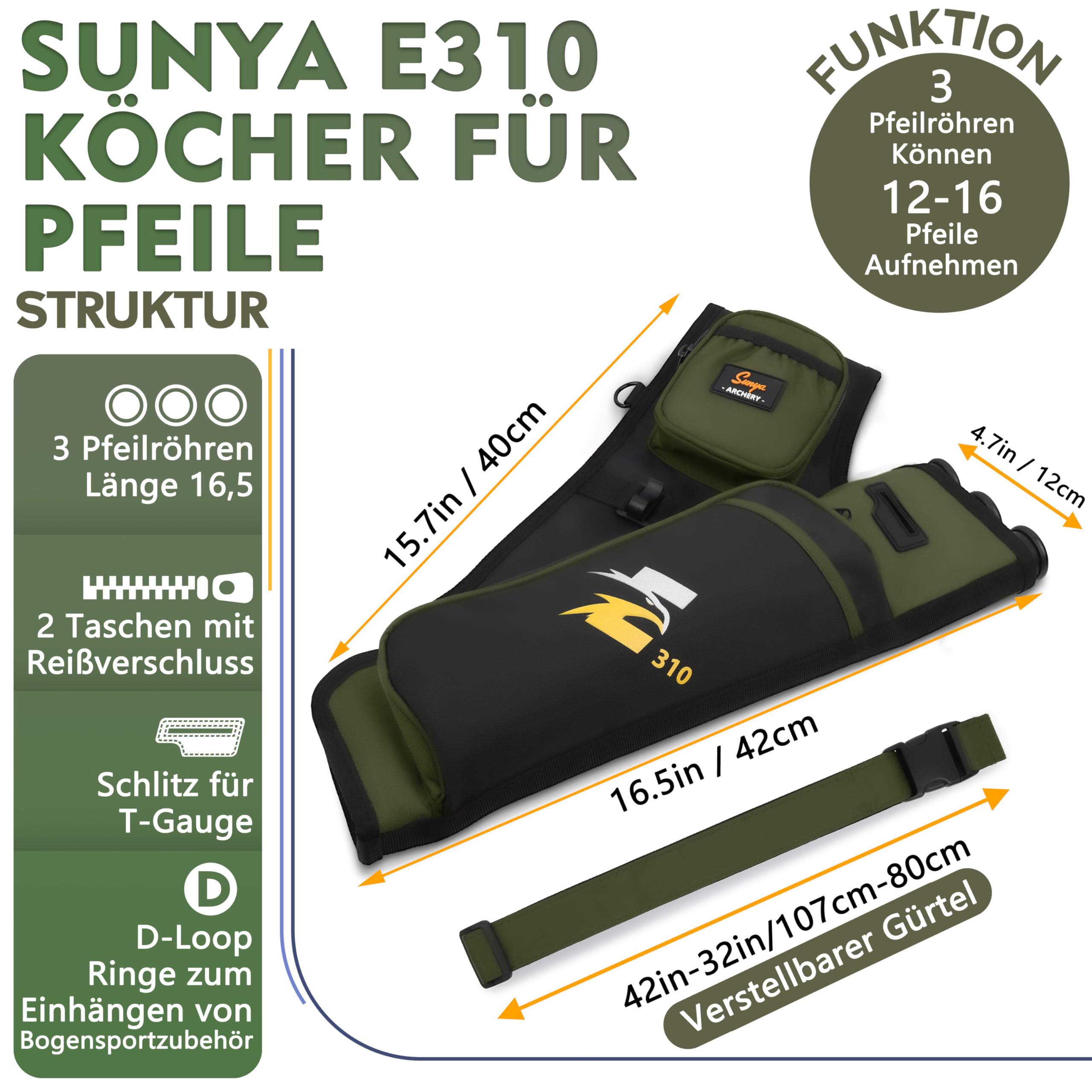 Sunya Bogenschießen Köcher für Pfeile. Pfeilköcher seitenköcher bogenköcher. Inklusive Taschen für Zubehör für das Bogenschießen und Nylon Gürtel.