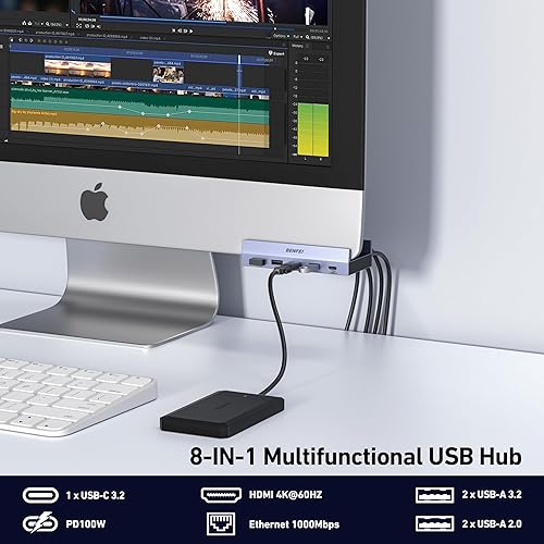 Miniatura 2 de BENFEI Hub USB C 8 en 1 con abrazadera de seguridad – Cuenta con HDMI 4K@60Hz, Ethernet Gigabit, PD de 100W, 1x USB-C de 10Gbps, 2 x USB-A 3.2, 2 x
