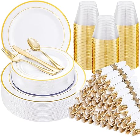 700 Pcs Gold Plastic Plates for 100 Guests Party Supplies Includes 200 Gold.