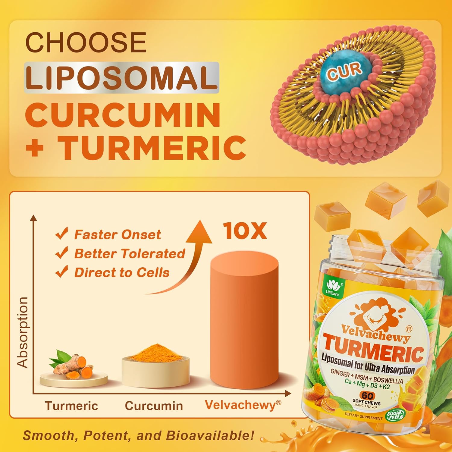 Liposomal Turmeric Curcumin 2000mg + Calcium 600mg & Vitamin D3 K2, Sugar Free Turmeric and Ginger Supplement Chews Gummies with Black Pepper, Supports Healthy Response - 95% Curcuminoids, Vegan, 60ct