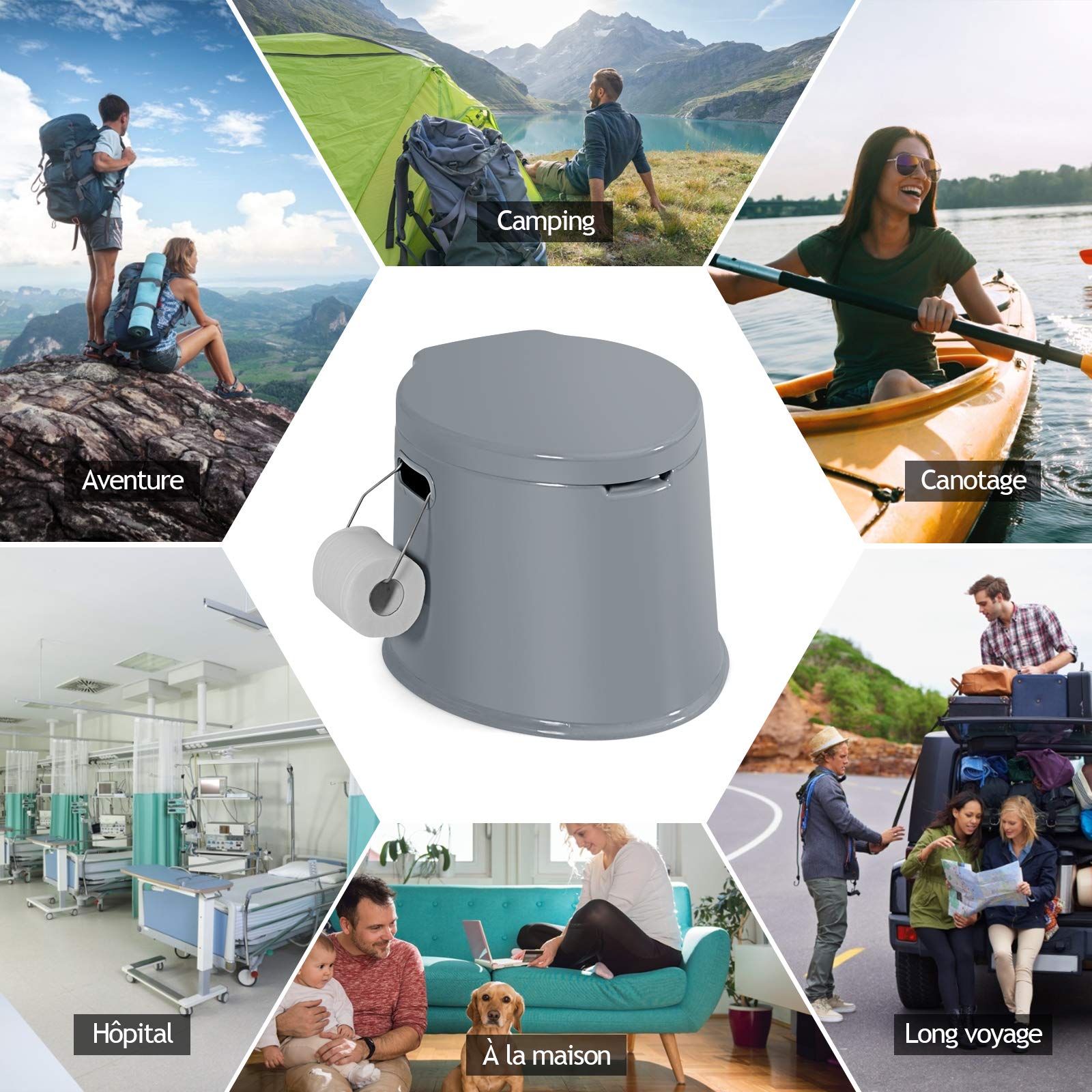DREAMADE Toilette Portable – 5L Porte Rouleau de Papier Toilette, Utilisation à l’Intérieur et l’Extérieur pour Personnes Agés et Maladies, Voyage pour Caravanes, Campings en Plein Air, Gris et Noir
