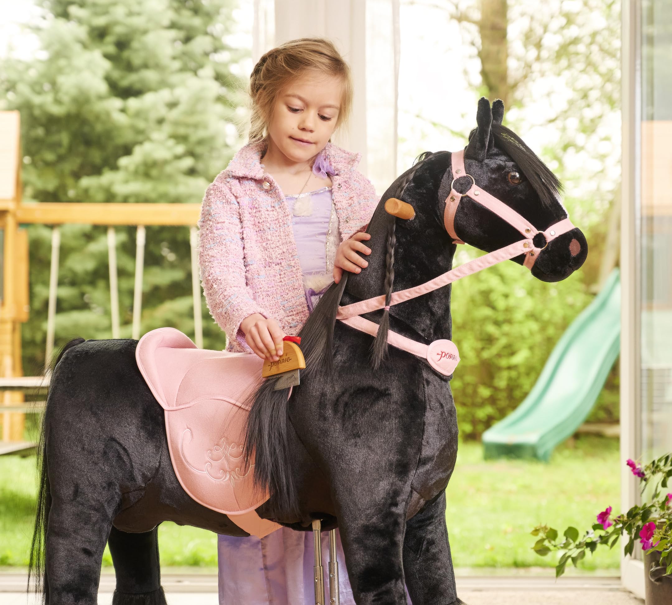 Ponnie - Ebony dziecięcy koń jeździecki, 5-12 lat, mechaniczny duży koń fryzyjski na kółkach, zdejmowane siodełko, Combable Mane, regulowane podnóżki