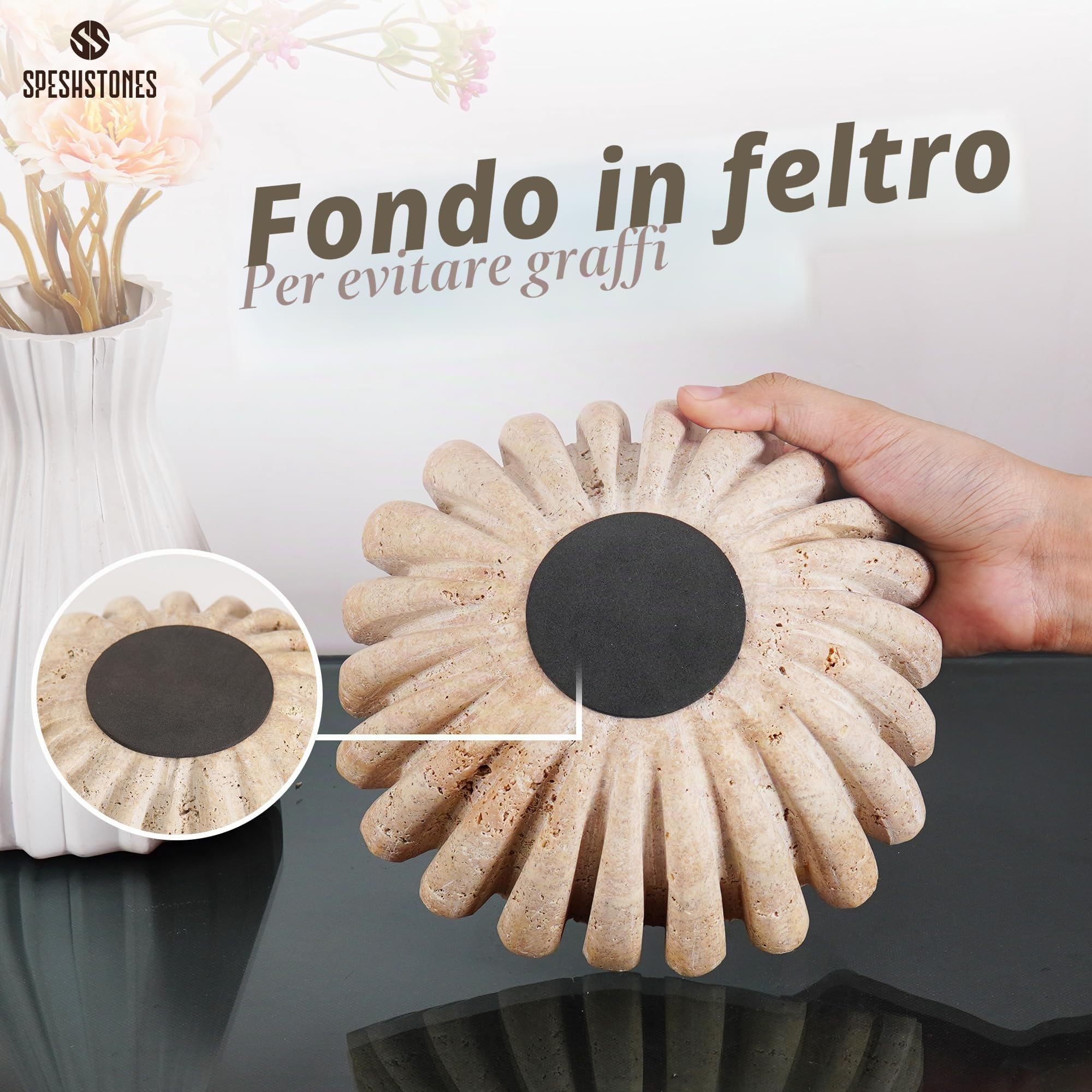 SPESHSTONES Ciotola in travertino con volant da 20,3 cm, grande, decorativa, per bancone della cucina e tavolo da pranzo, centrotavola, in pietra, beige, scanalate e smerlate, per tavolini da caffè e