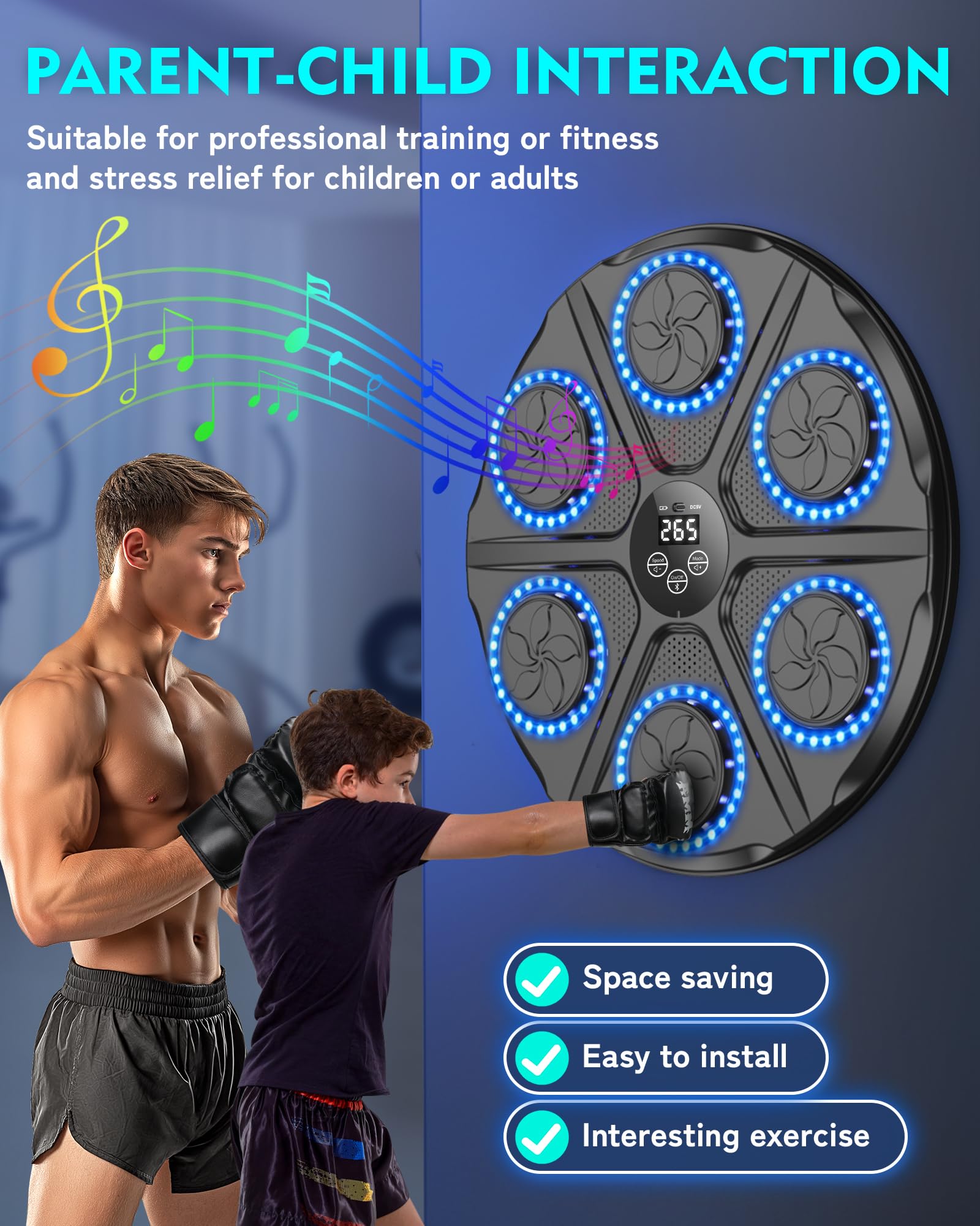 Music Boxing Machine Adulto - 12 Modos de Velocidad Boxeador de Pared Musical con Guantes De Boxeo - Maquina Musica Boxeo con Bluetooth y Recuento Inteligente y Luces al Ritmo de la Música