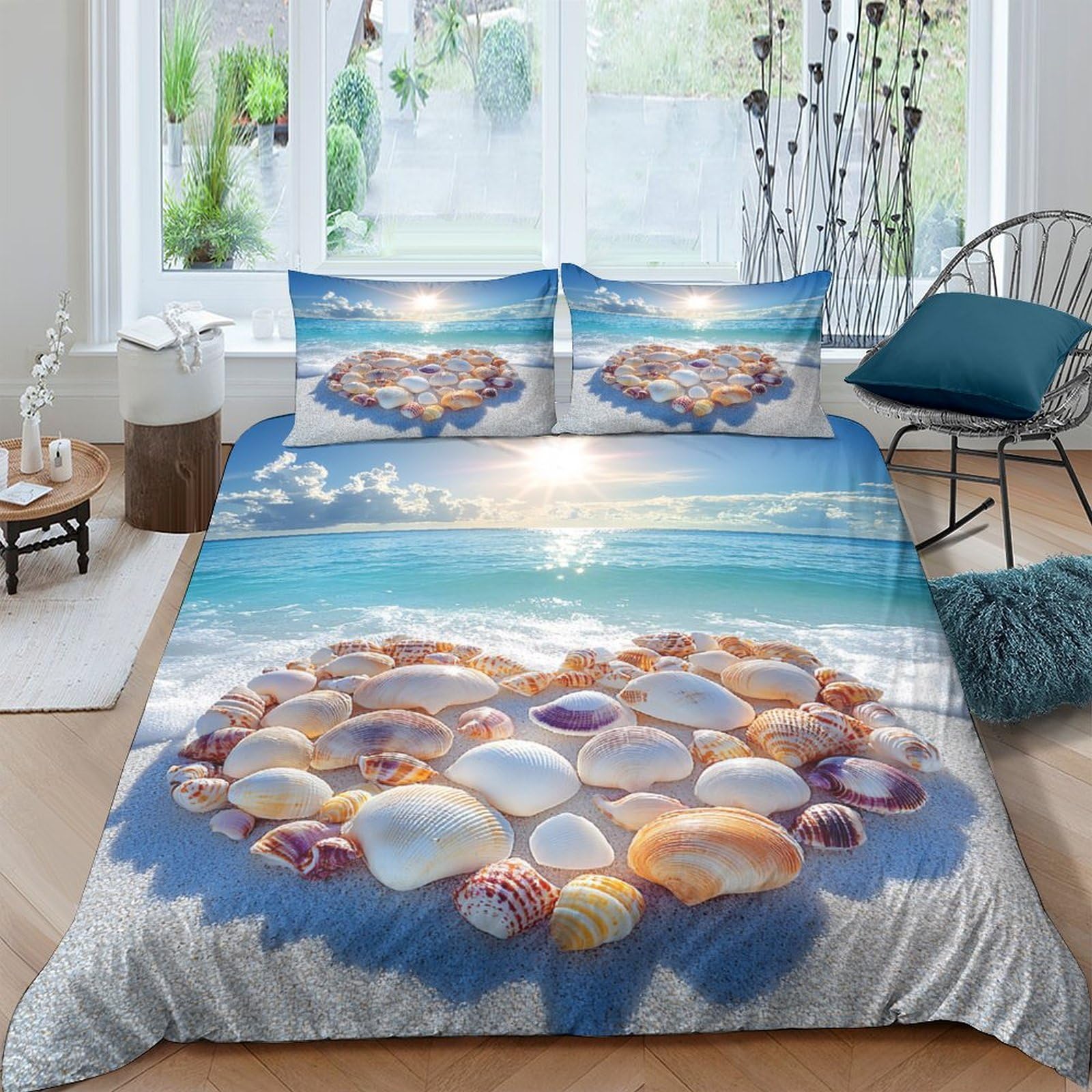 Ctjqhvkz Style-3 3D Printed Seaside Shell Heart Fitted Sheet Microfiber Soft Breathable Ocean Beach Mattress Cover Bedroom Decor Single（135X200cm）