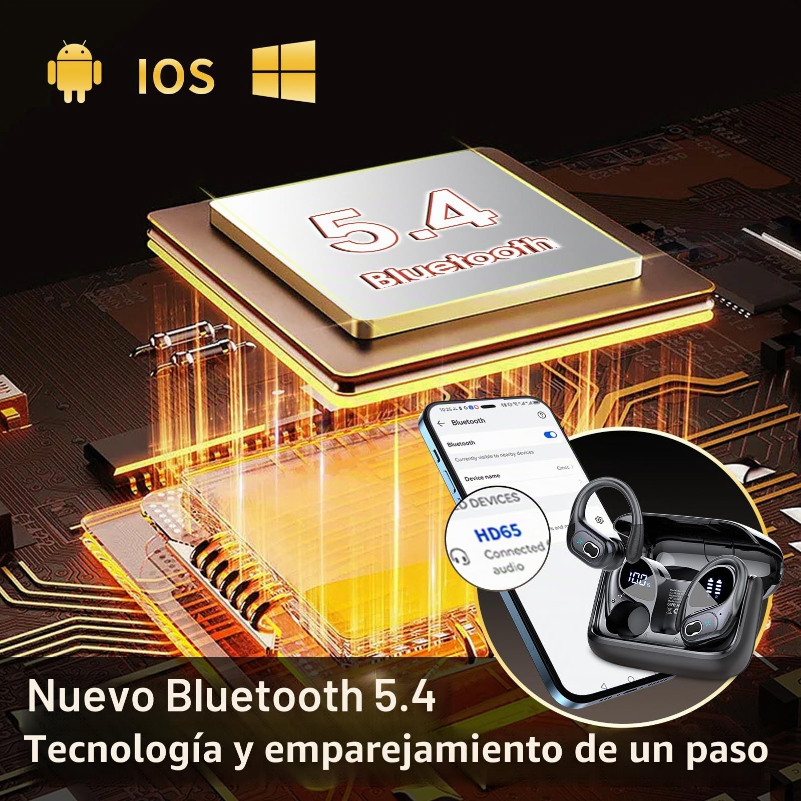 Auriculares Inalámbricos Deportivos, Auriculares Bluetooth 5.4 con App Inteligente y ENC Mic, 75H Cascos Inalambricos con Pantalla LED Digital, IP7 Impermeable Cascos para Gym y Running, Negro