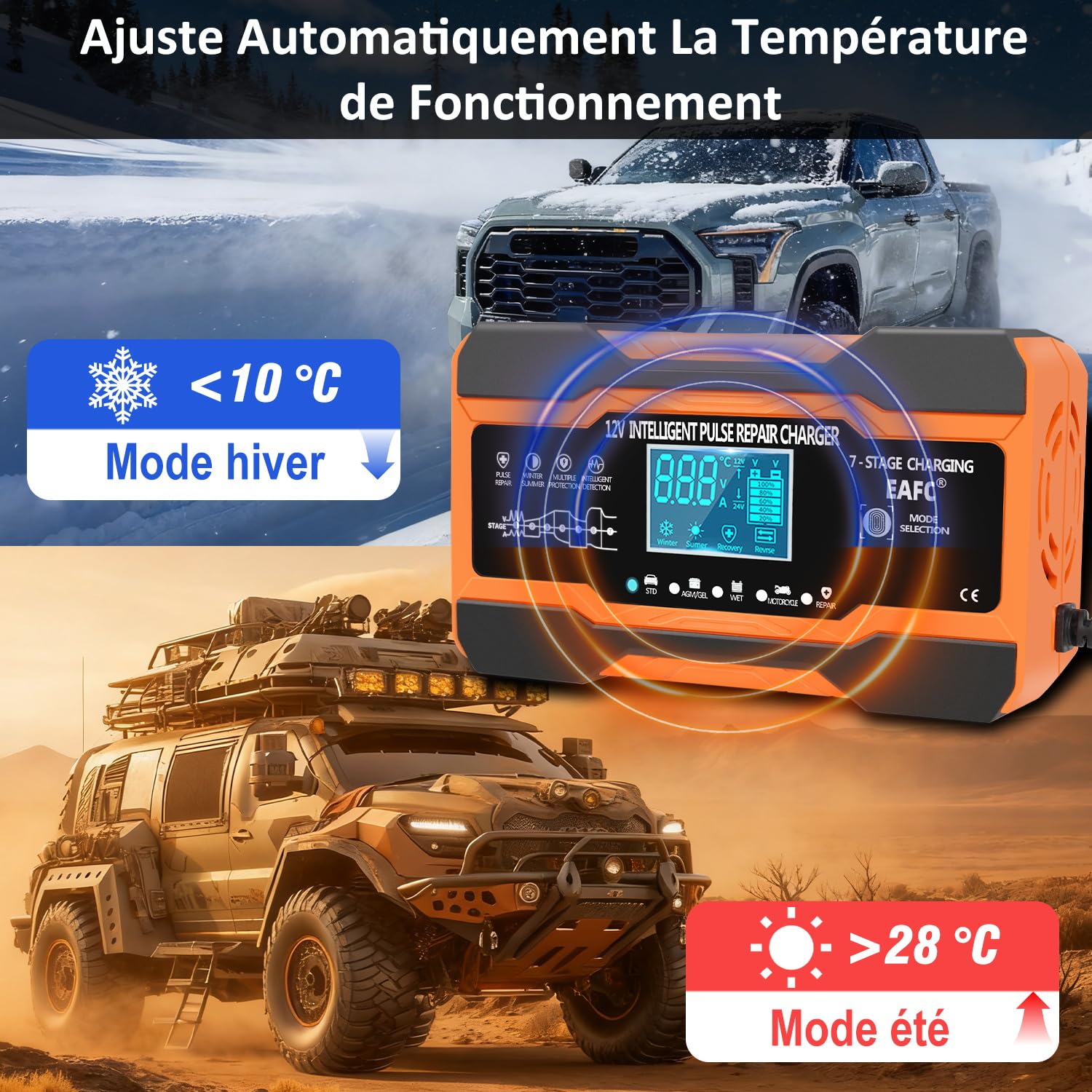 Chargeur de Batterie Voiture 12A 12V Intelligent, Maintien de Charge Batterie Voiture pour Batterie au Plomb, STD, AGM, Gel, SLA, Moto, Câble 2 m, Commande Tactile, Compensation de Température