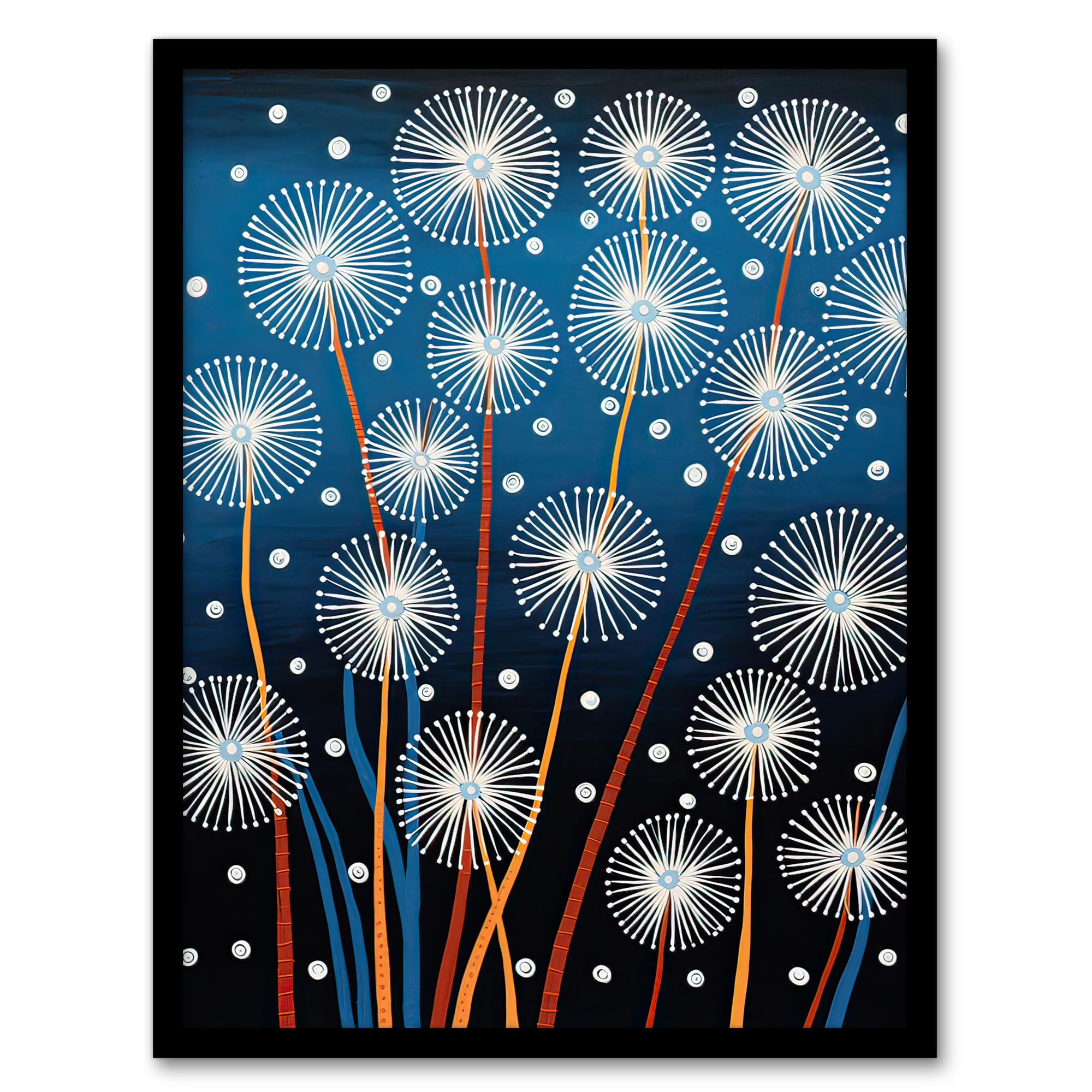 Artery8 Dandelion Seeds Fireworks Folk Art Painting Blue Artwork Framed Wall Art Print 18X24 Inch