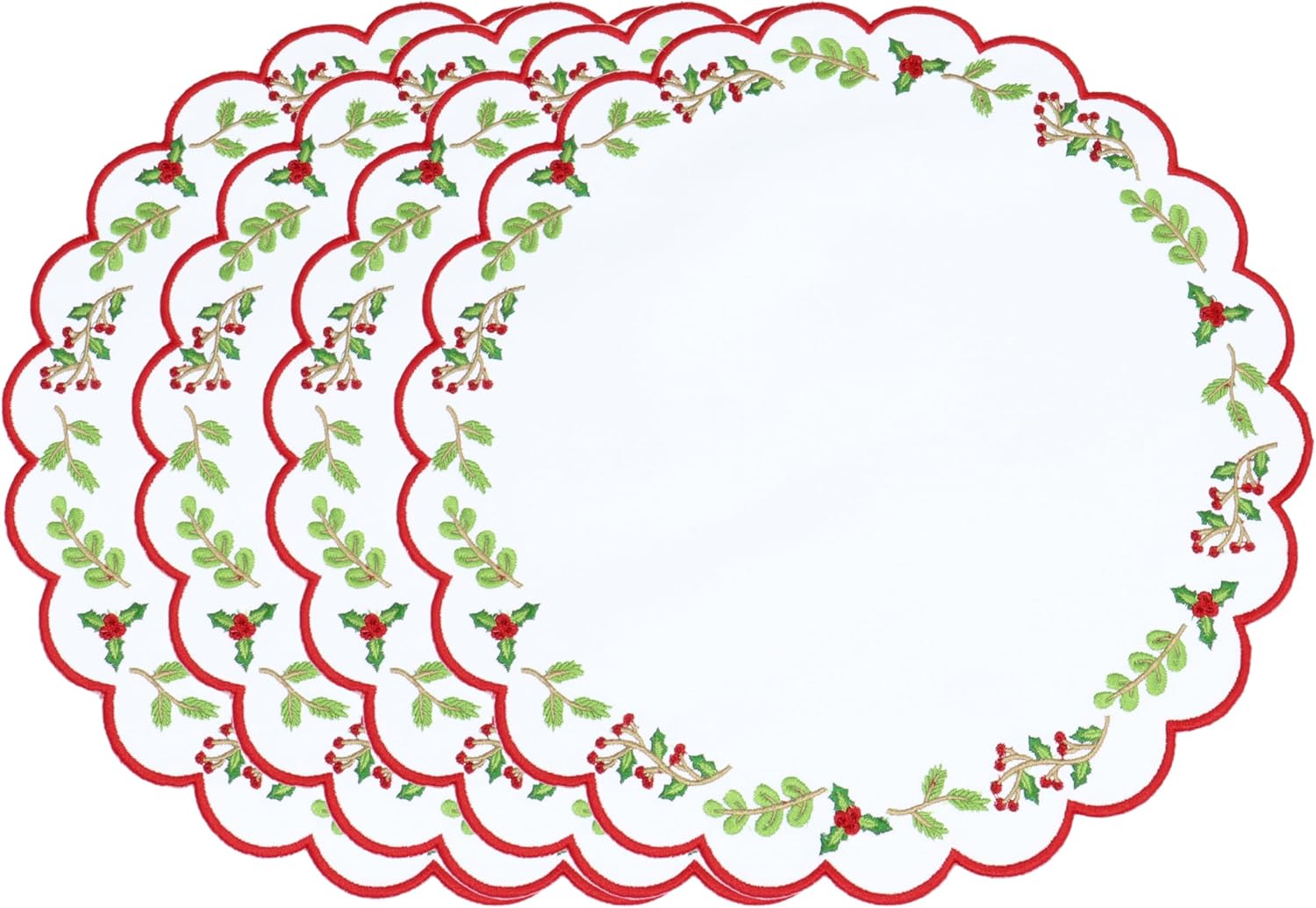 PurpleEssences Scalloped Embroidered Christmas Round Placemats Set of 4, 15 Inch Winter Round Table Mats for Dining Decoration - Red Green Edges Red