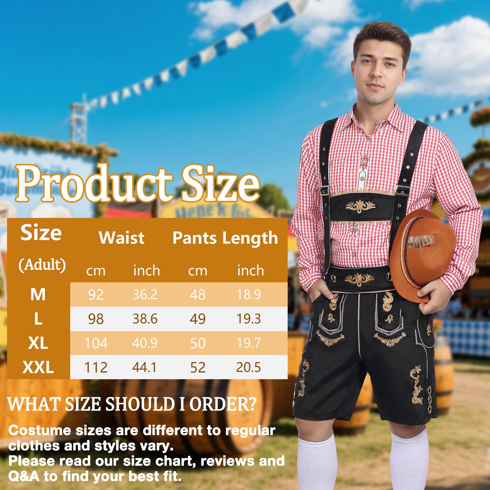Strój męski na Oktoberfest, bawarski tradycyjny strój męski na Oktoberfest z tradycyjnymi skórzanymi spodniami, kapeluszem i skarpetkami na karnawałową imprezę cosplay (Czarny, L)