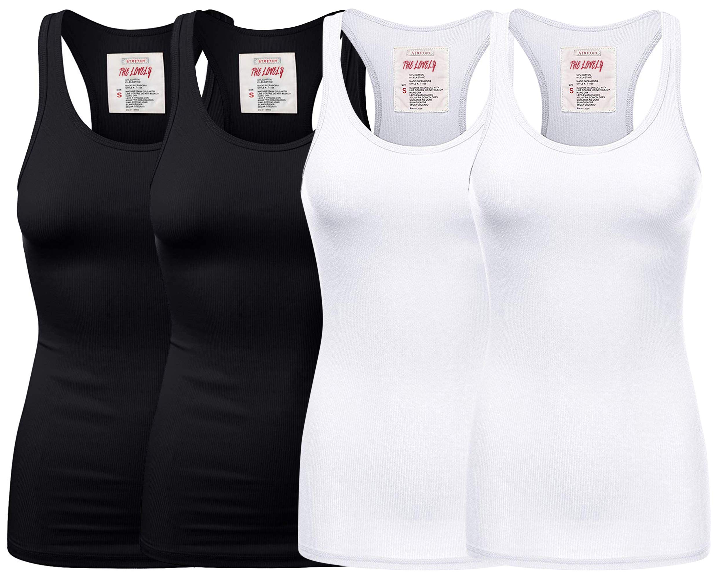 Women Juniors Solid Ribbed Knit Stretch Workout Racerback Tank Top 4PK Black Black White White 1X