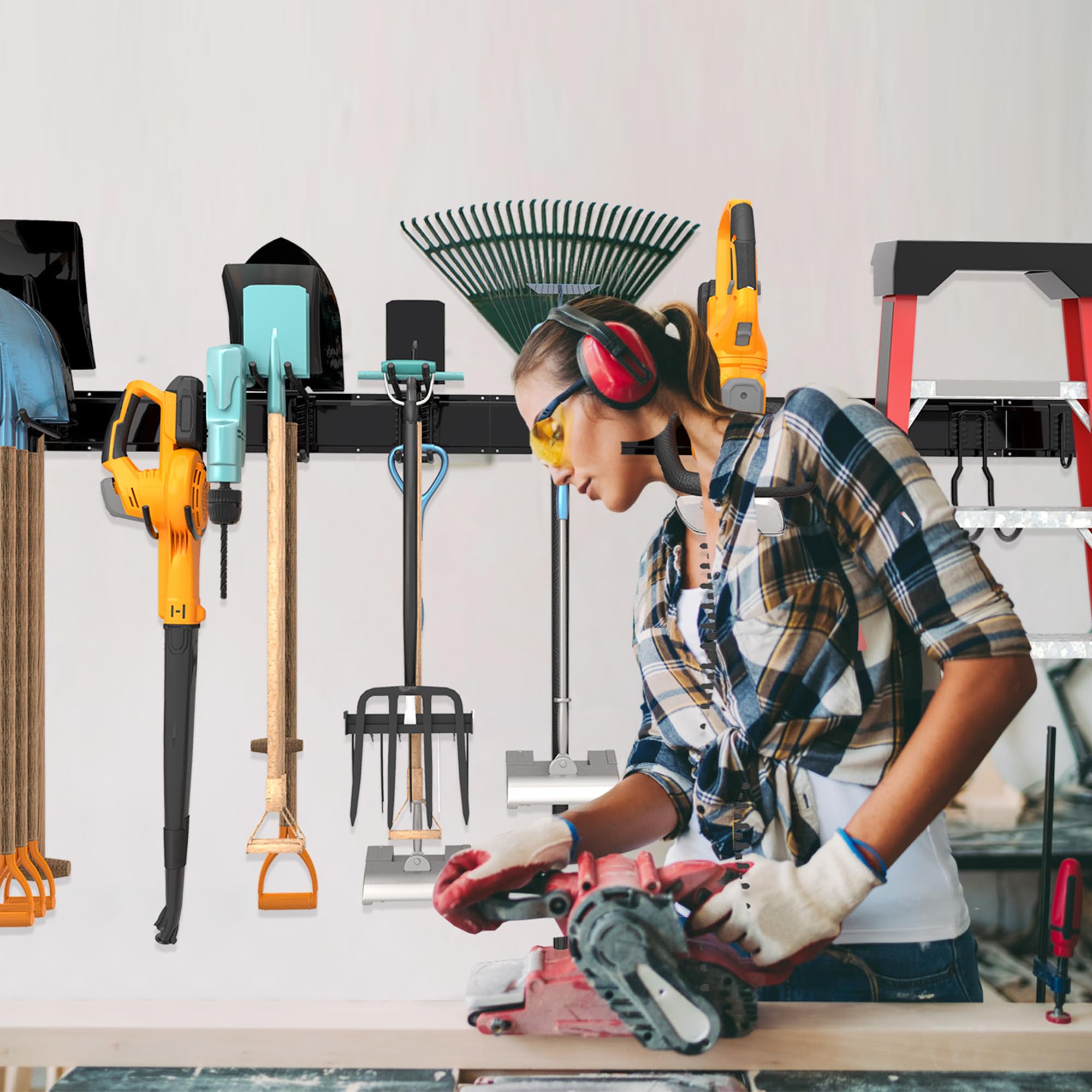 Sttoraboks Werkzeug-Wandregal, verstellbar Wandhalterungen für Garage und Garten mit 8 Haken & 3 Schienen, Hochbelastbares Werkzeugregal bis 204kg, für Garage, Garten, Ski, Besen, Rechen