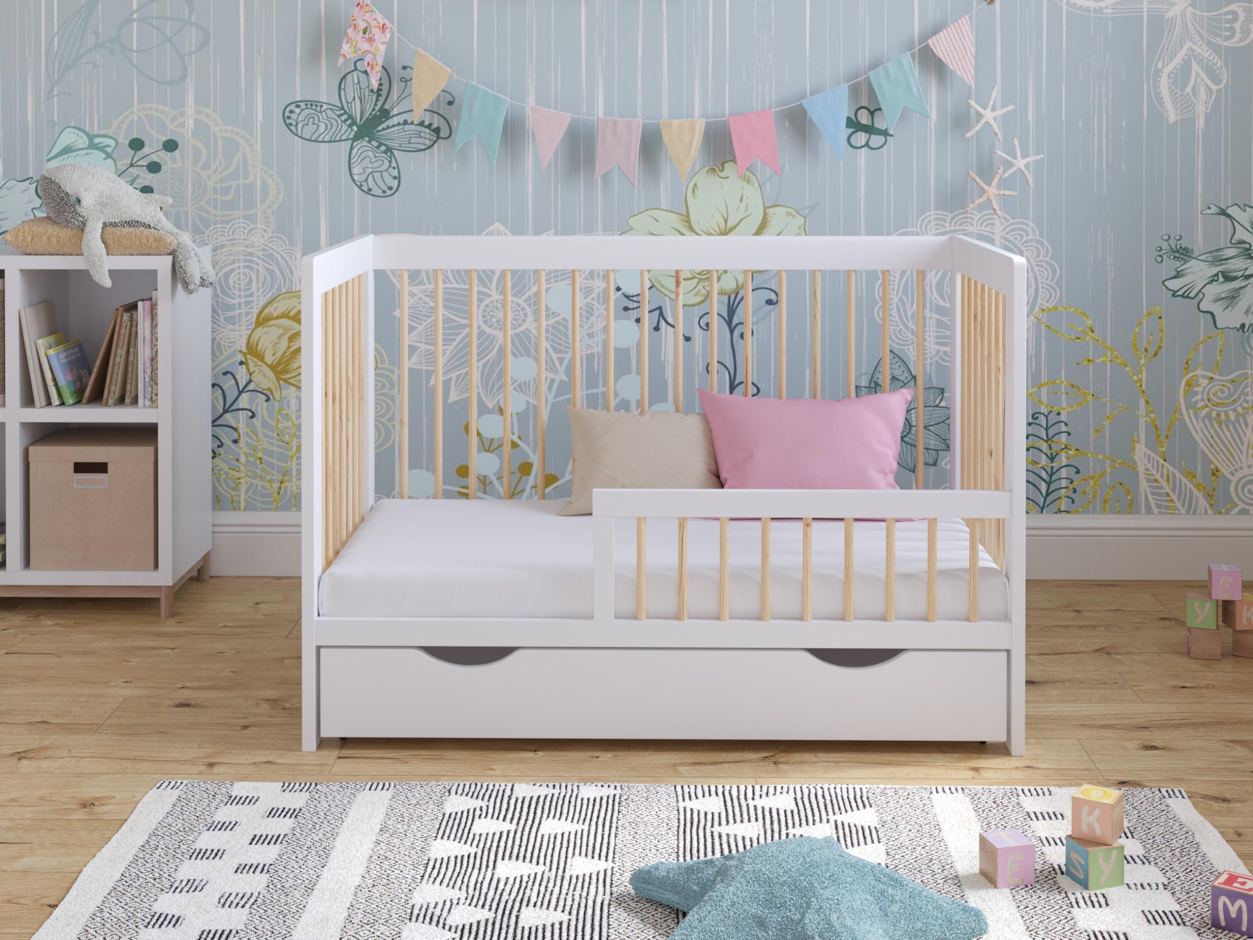 Love For Sleep Cuna Convertible en Cama 120x60cm Convertible con Barrera De Seguridad Blanco-Pino Luca Juego Completo de Cuna