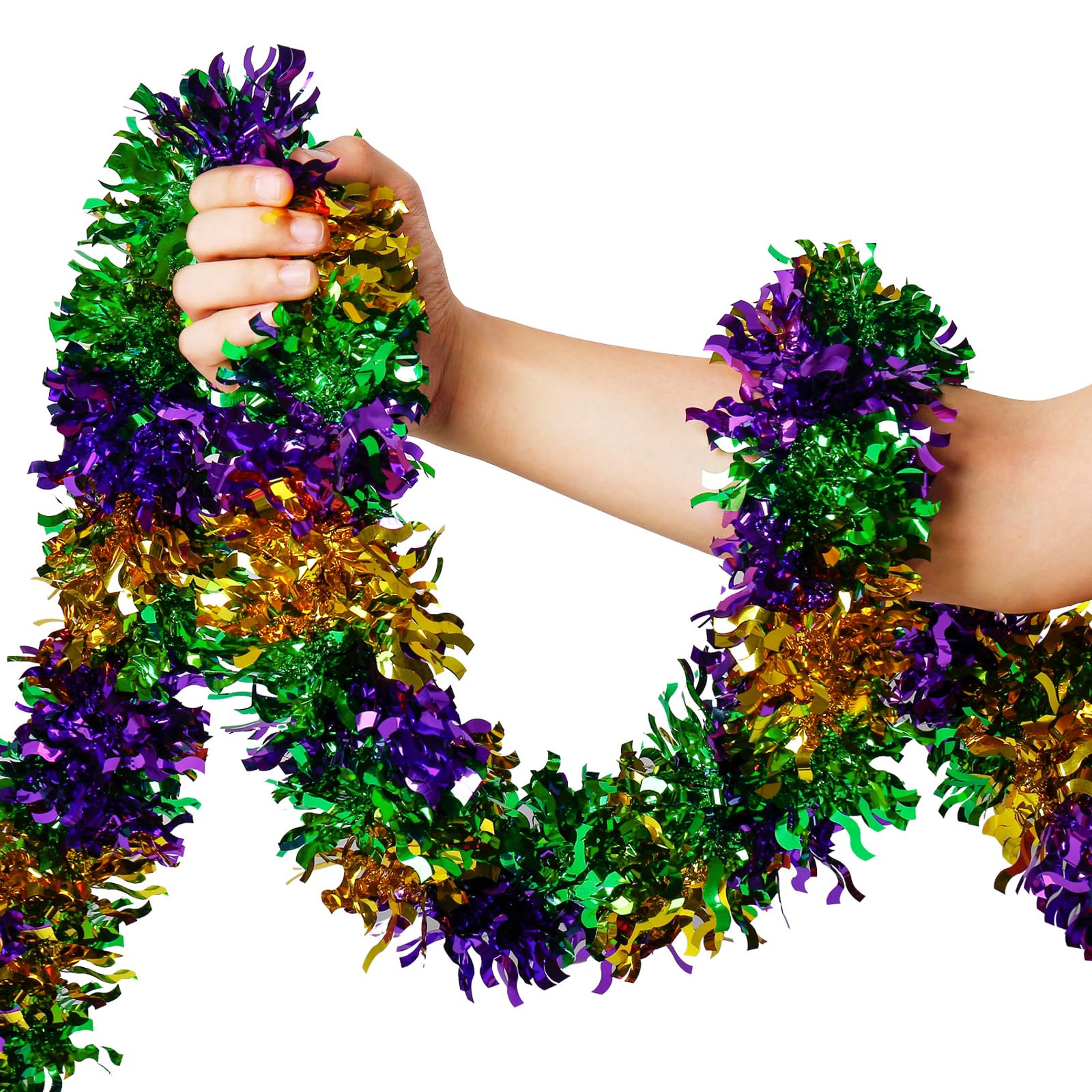 Mardi Gras Garland Decorations,50Ft Glitter Tinsel Garland Decor for Tree Mantle Bedroom Office Classroom Party Indoor Outdoor Holiday Home Green Gold Purple