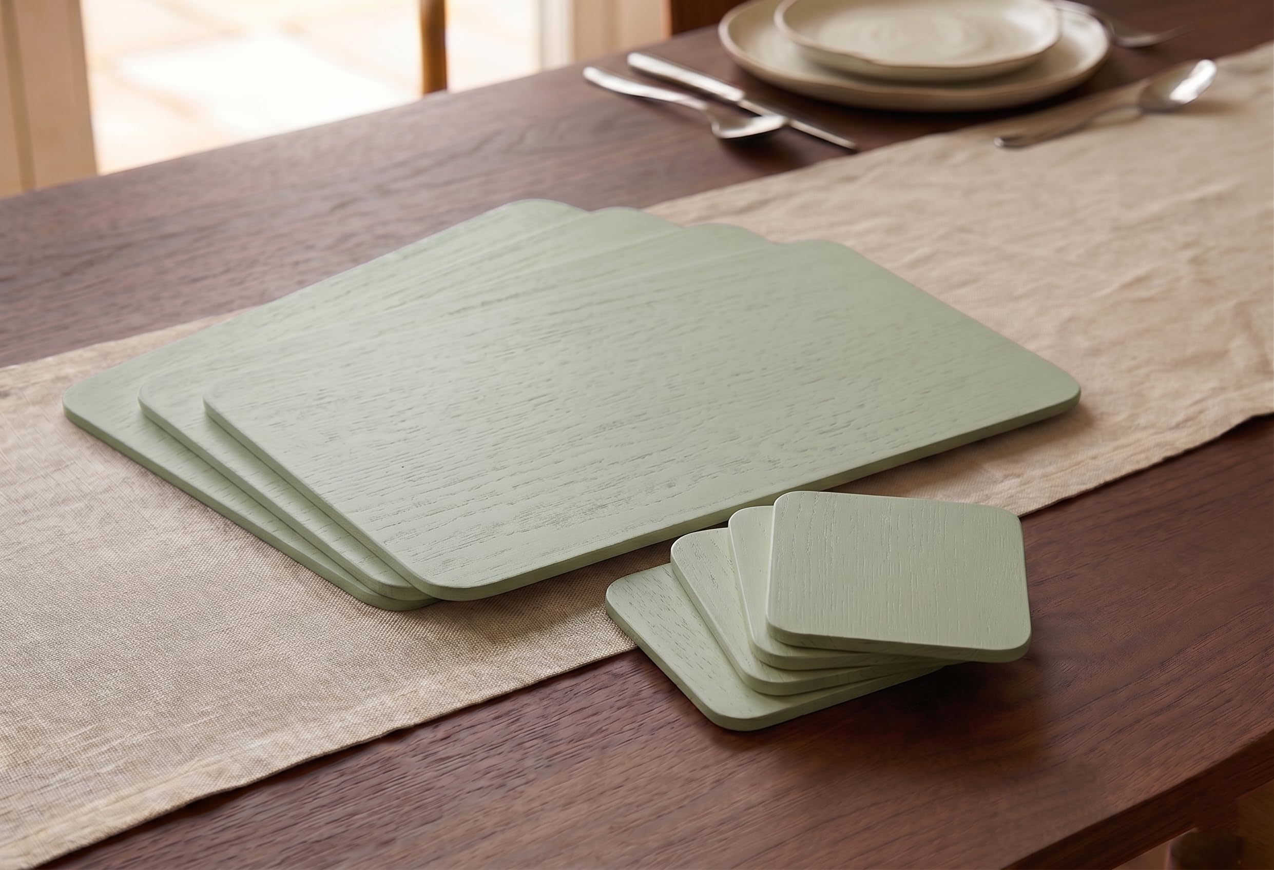 Biznest Set Of 4 Placemats & 4 Coasters Wooden Veneer Rectangular Dining Table Linens Setting Mats Home Decor Surface Protector Round Corners Stylish Kitchen Serveware Large 29x21.5Cm (GREEN)