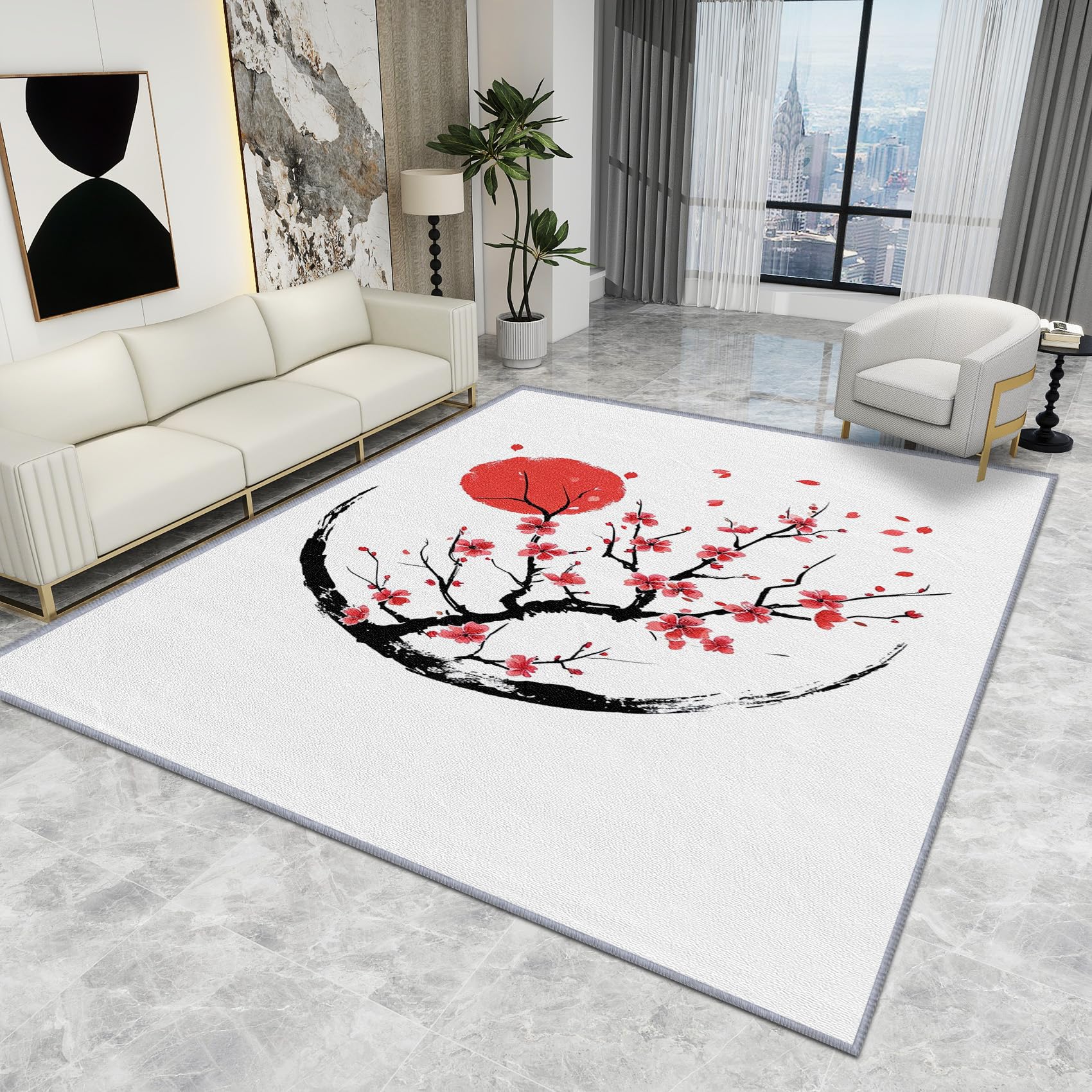 Japanese Cherry Blossom Rug - Cherry Blossom Rug - Japanese Floral Red Sun Rugs, Minimalist Zen Asian Carpet, Washable Rug Non Slip Soft Small Area Rugs, Cherry Blossom Home Decor Gifts, 80 X 120 cm