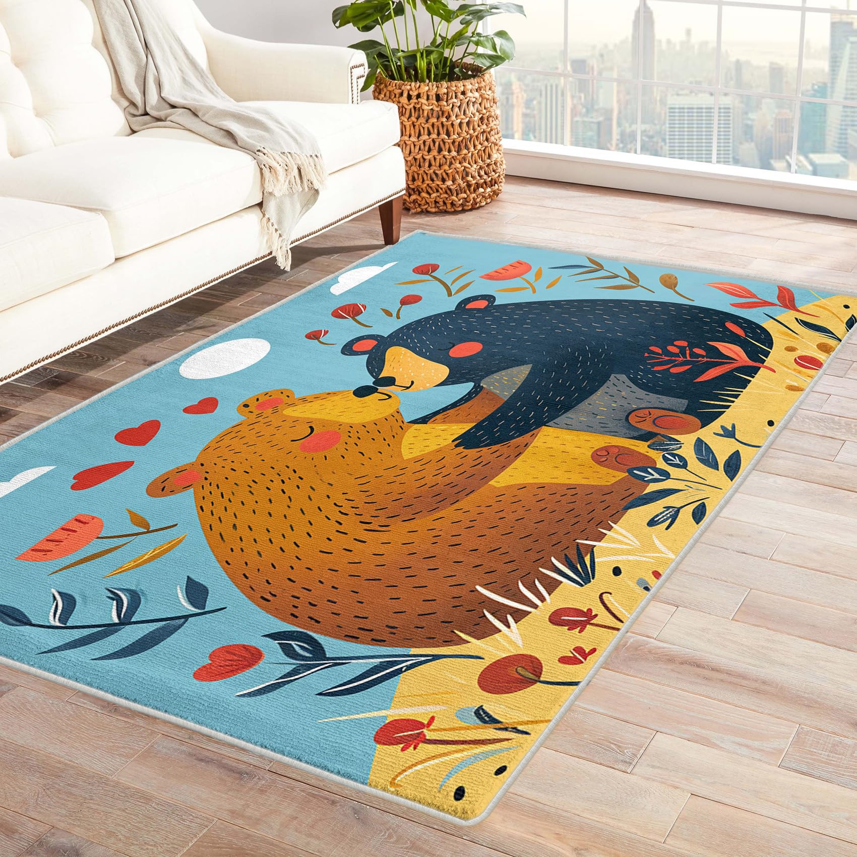 Bear Rug Nursery - Woodland Rug, Kids Baby Forest Animal Rugs for Living Room Bedroom, Washable Non Slip Soft Large Carpet, Patterned Area Rugs & Home Decor 120x180 cm