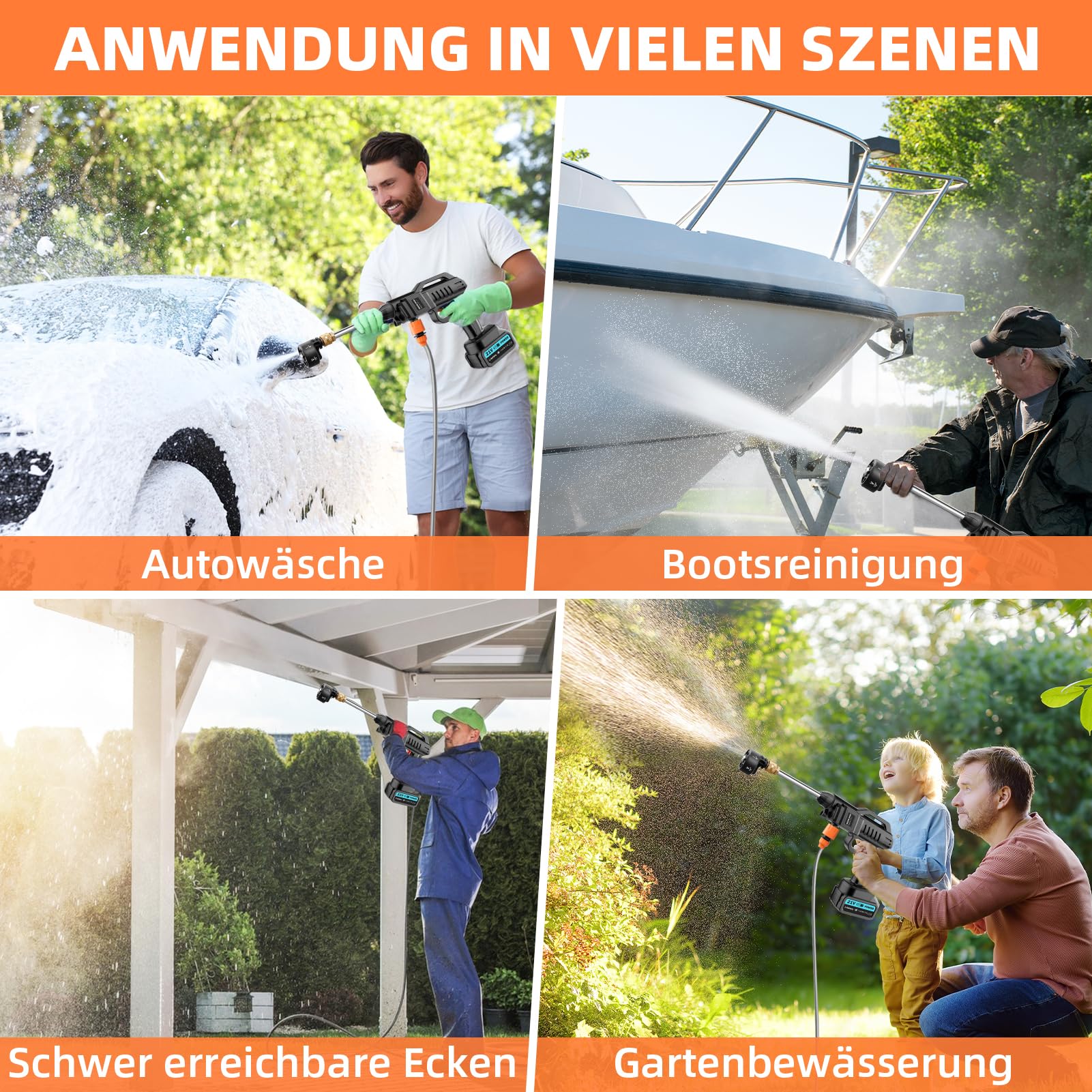 Hidrolimpiadora inalámbrica,62 Bares limpiadora de Alta presión de 21 V con 2 baterías,Boquilla multifunción 6 en 1,Manguera de 5 m, depósito de Filtro,para Coches,céspedes,Piscinas,Ventanas,Jardines