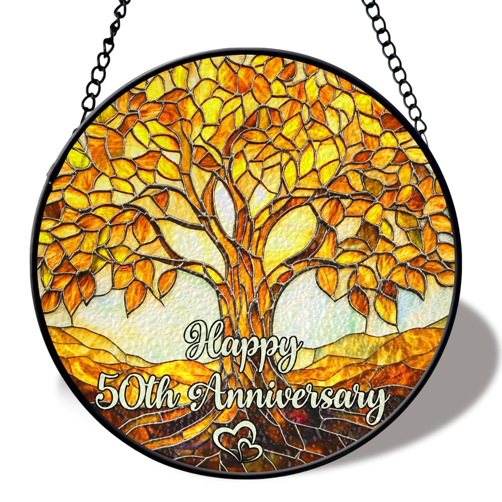 Window Sun Catcher, 50th Wedding Anniversary Stained Glass Suncatcher With Chain Iron Ring Hook, Golden Wedding for Husband Wife Parents