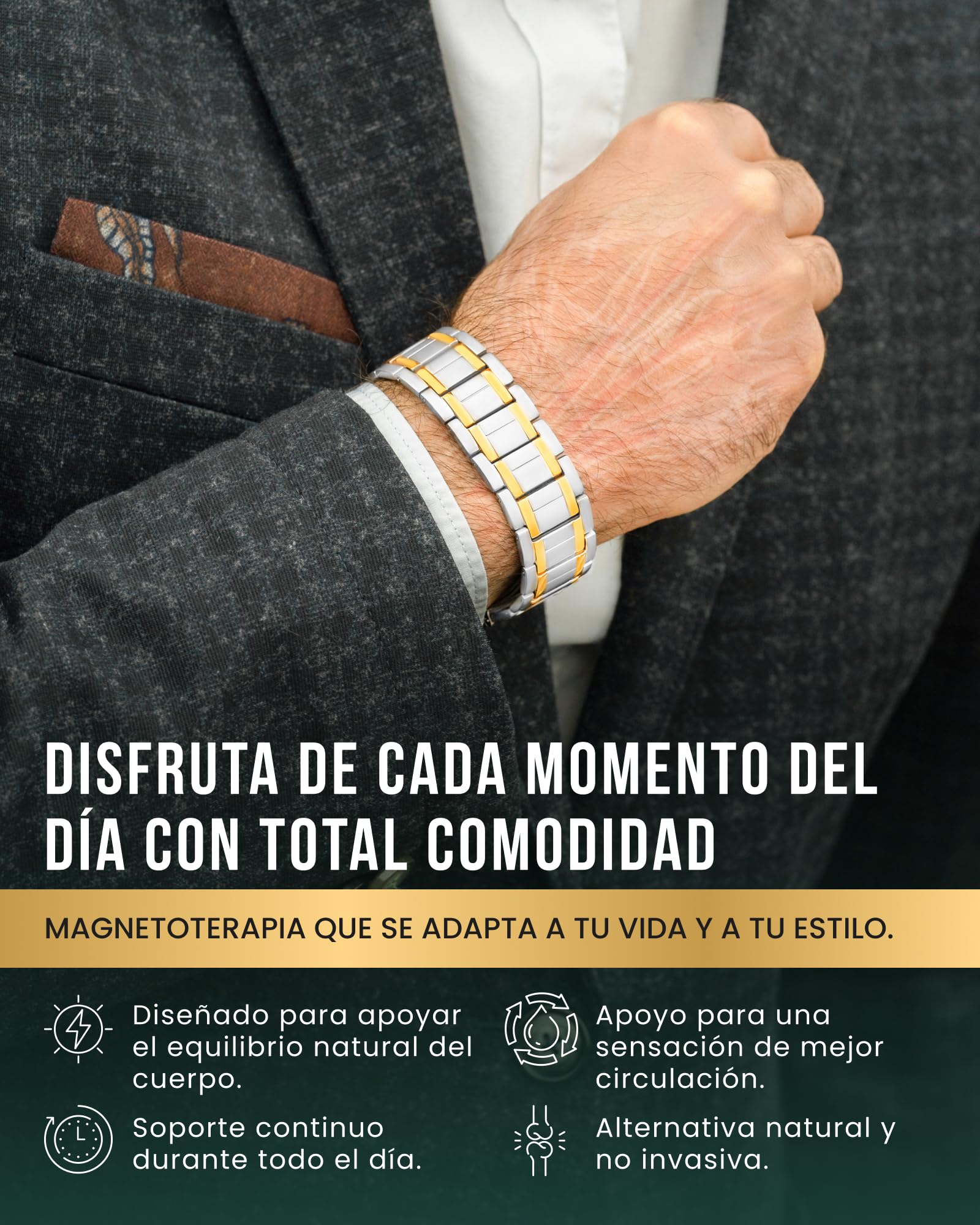 MagnetRX® Pulsera magnética de titanio 3X Fuerza – Pulseras magnéticas para hombre – Cierre plegable premium y longitud ajustable con herramienta de tamaño(Oro plateado)