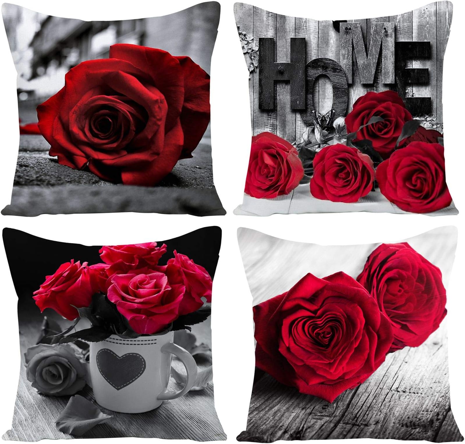 - Black Red Rose Flowers Throw Pillow Covers Cushion Cases Vintage Floral Outdoor Square Linen Decorative Pillowcases 16x16 Inch Set of 4 for Front Porch Living Room Sofa Couch Car Bed Decor