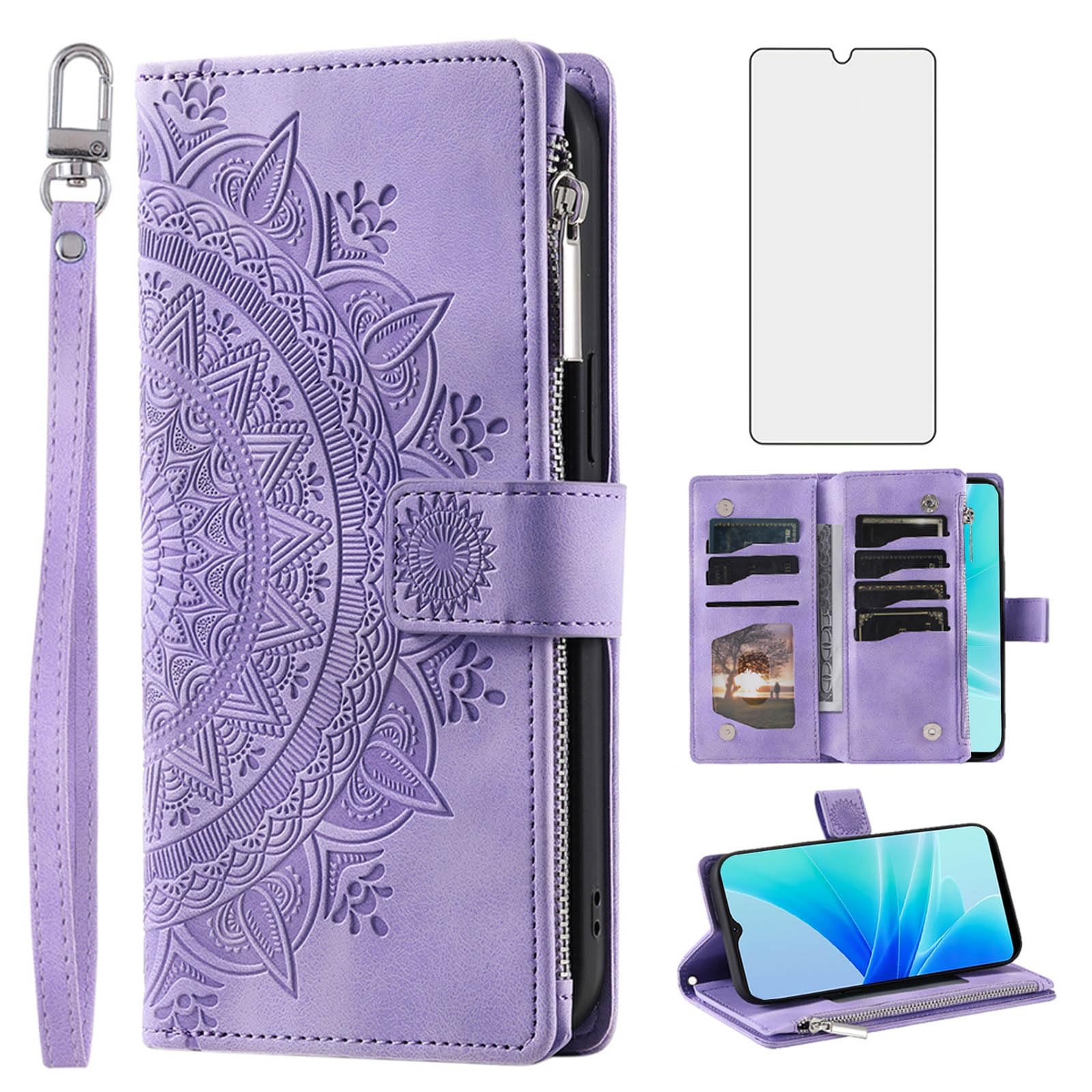– Asuwish Phone Case for OPPO A57 4G/A57S/A57E/A77 4G Wallet Cover With Tempered Glass Screen Protector and Wrist Strap Mandala Flower Leather Flip Zipper Credit Card Holder Stand Cell Women Purple