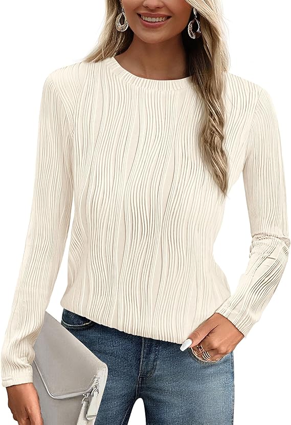 PRETTYGARDEN Long Sleeve Tops for Women 2025 Spring Fall Trendy Business Dressy Casual Shirts Crewneck Textured Blouse