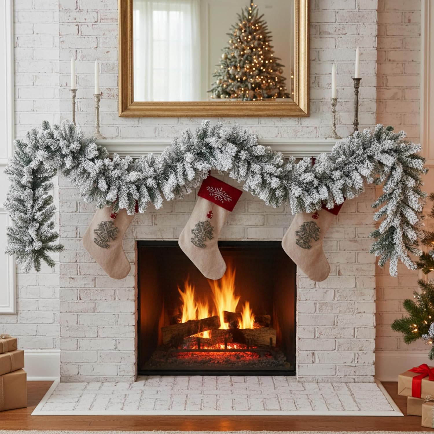 Suncalla 2 Pcs Snow Flocked Alaskan Pine Artificial Christmas Garland Thick White Winter Snowy Pine Garland Deluxe Faux Holiday Season Outdoor Wreath for Christmas Home Decorations (6 ft)