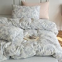 Vista 235 de 3 piezas de juego de funda de edredón tamaño individual XL, funda de edredón blanca con estampado floral azul, ropa de cama coquette de algodón