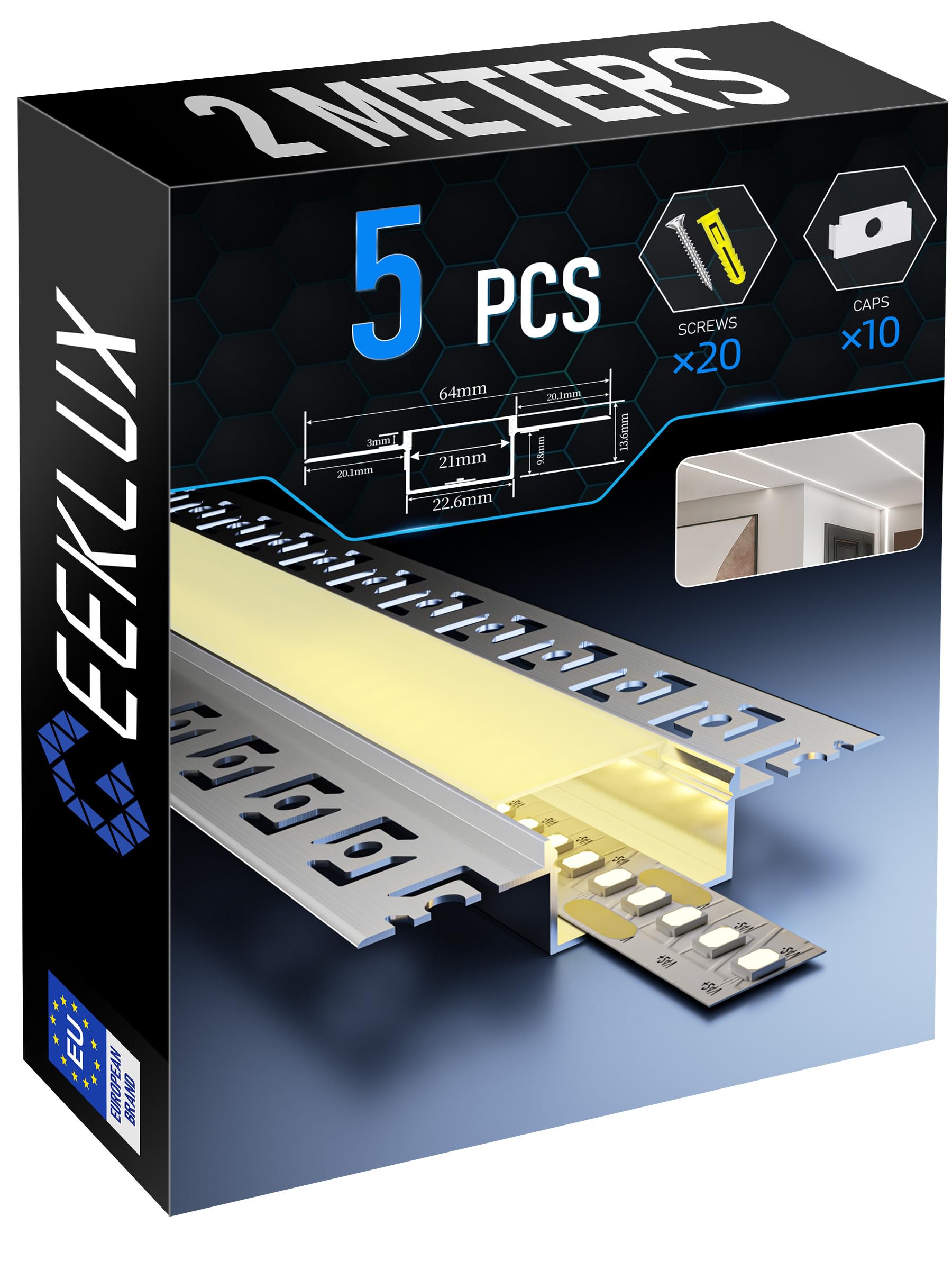 LED Trockenbauprofil 5 x 2m und Led Profil Unterputz, Led Schiene aus Eloxiertem Aluminium, Led Strip Kanal für Streifen bis 20mm, Indirekte Beleuchtung Decke