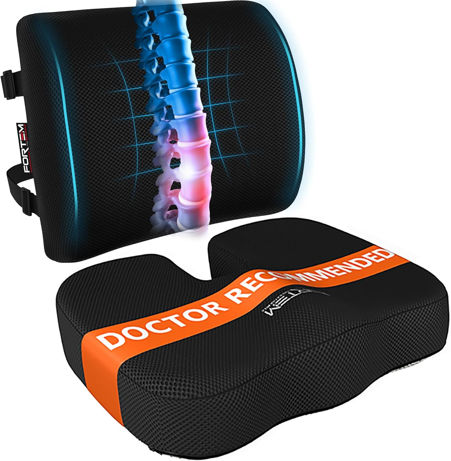 FORTEM Seat Cushion, Office Chair Cushion, Lumbar Support Pillow for Office Chair, Memory Foam Sciatica Coccyx Tailbone Pressure Pain Relief, Car Sitting Pad, Washable Non Slip