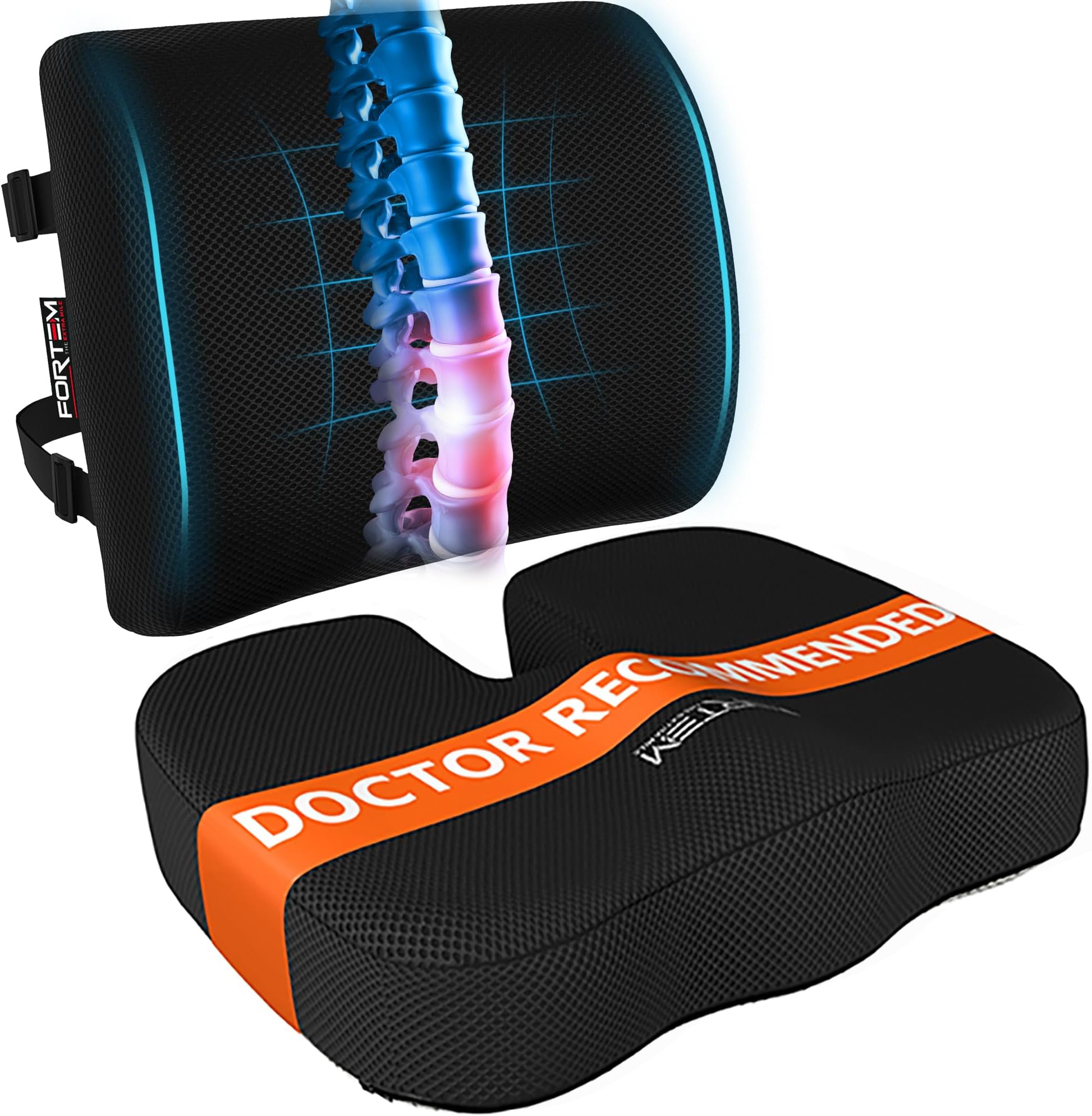 FORTEM Seat Cushion, Office Chair Cushion, Lumbar Support Pillow for Office Chair, Memory Foam Sciatica Coccyx Tailbone Pressure Pain Relief, Car Sitting Pad, Washable Non Slip