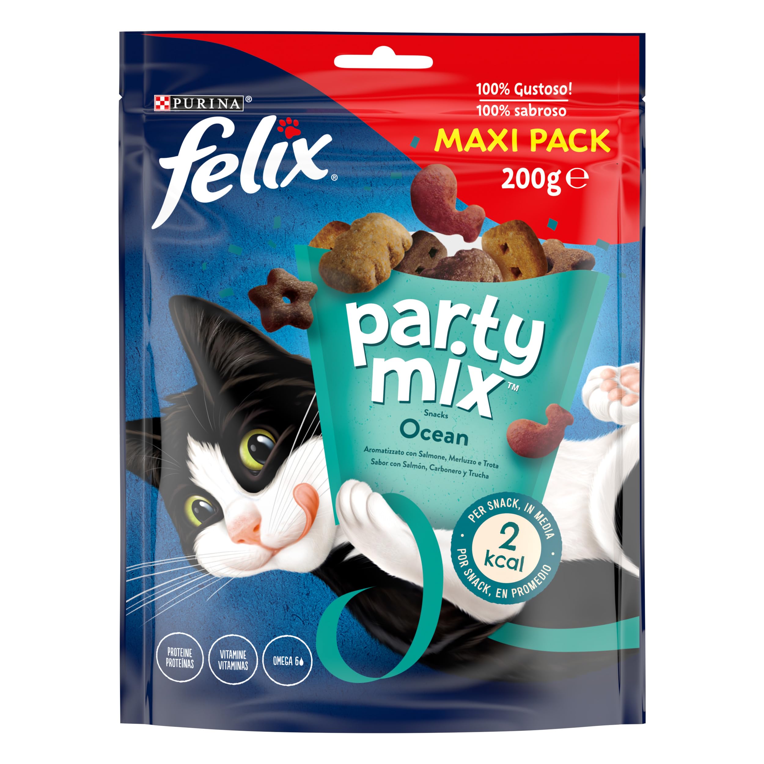 Purina Felix Party Mix Ocean, Snack, premio para Gato con Salmón, Carbonero y Trucha, Maxi Pack 5 bolsas de 200g