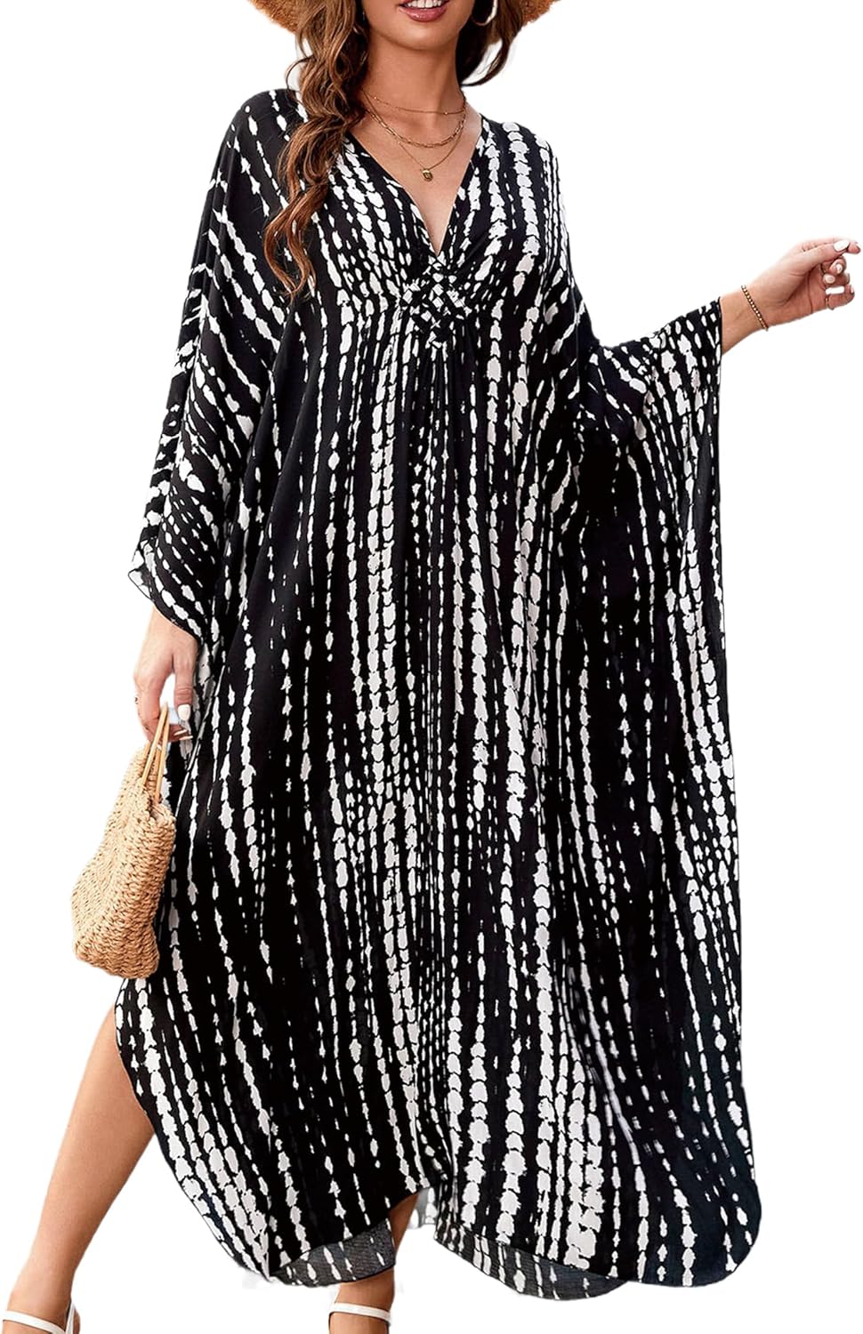 Women kaftan dress v neck batwing tie dye beachwear