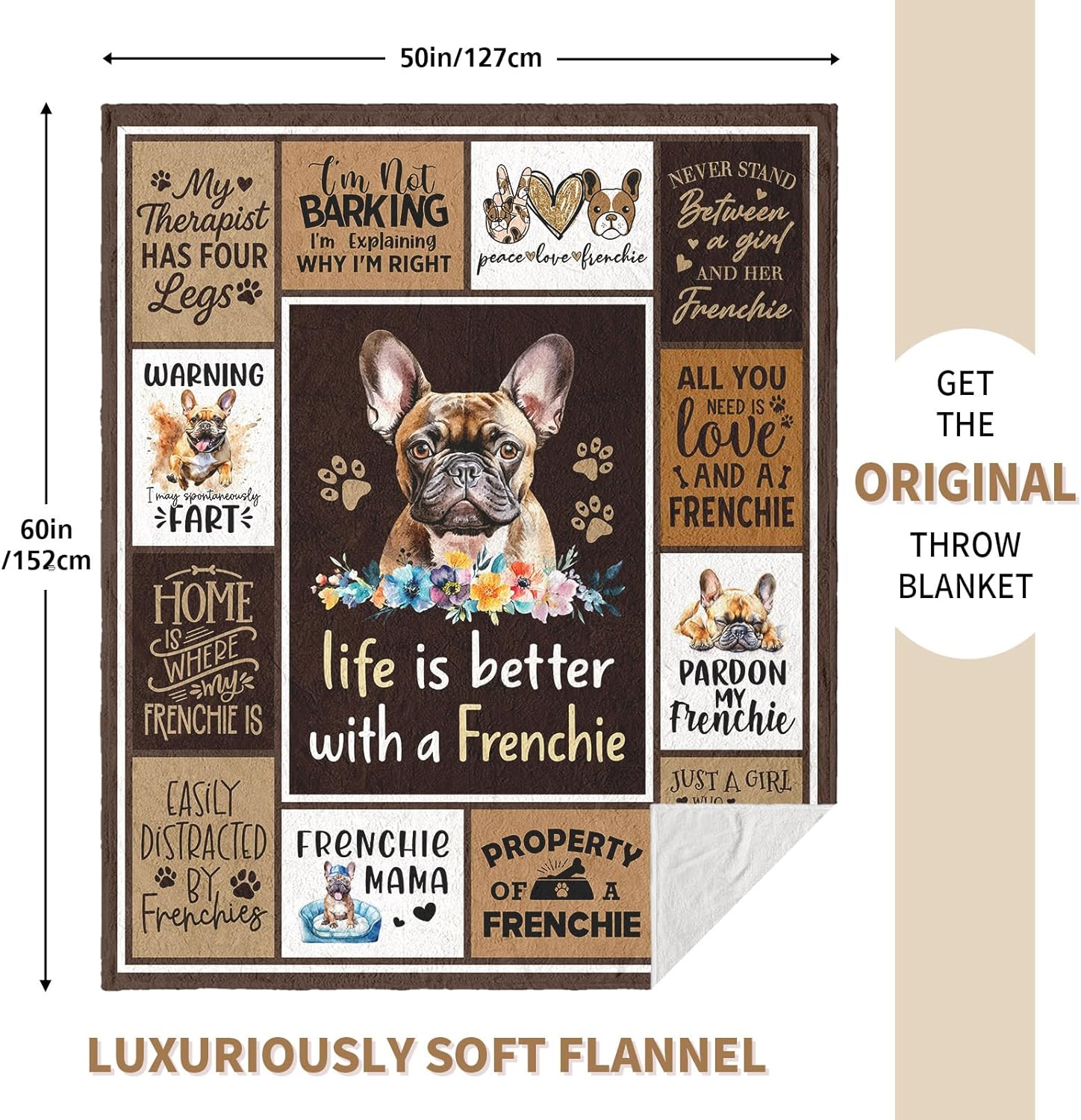 puekrtoa French Bulldog Gifts Blanket, French Bulldog Gift for Women/Lovers/Owners, Frenchie Bulldogs Mom Present Ideas, Frenchie Themed Throw Blanket 60"X50" - Image 6