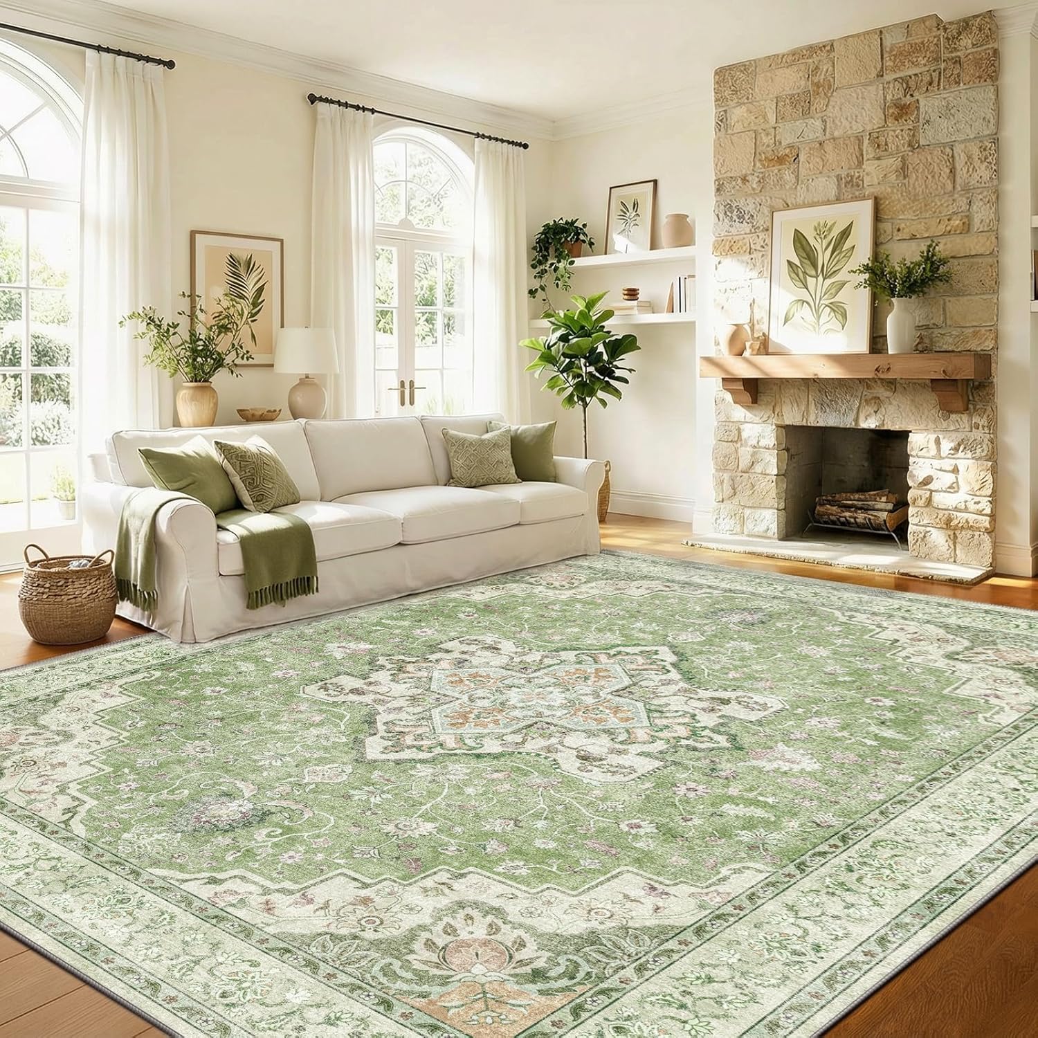 Marsail 8x10 Washable Area Rug, Soft & Slip-Resistant Large Area Rug with Reinforced Bound Edges, Vintage Short-Pile Washable Rug with Floral Pattern for Living Room, Dinning Room and Bedroom, Green