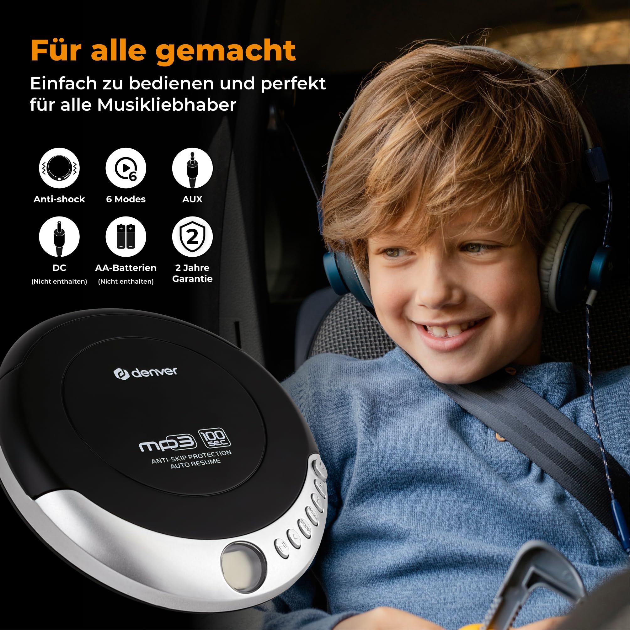 Denver Tragbarer CD-Player DMP-391 - Walkman - Anti-Schock-Funktion Mit Bassverstärkungssystem - mit Kopfhörer