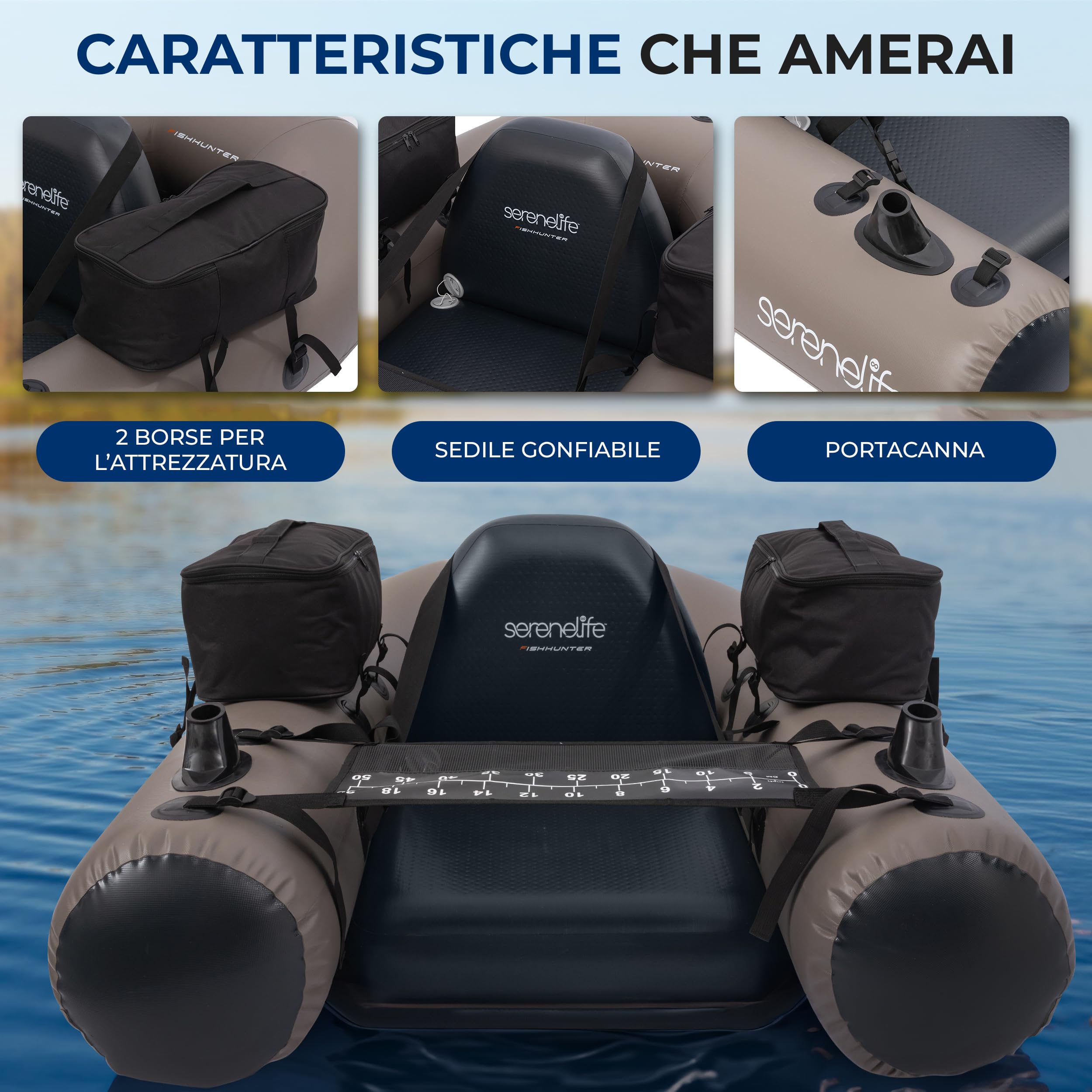 Serenelife Barca da Pesca, Barca Gonfiabile, Belly Boat Portatile, Galleggianti da Pesca con Sedile e Schienale Regolabili, Pompa Manuale, Borsa, Kit di Riparazione, Portata 100 kg