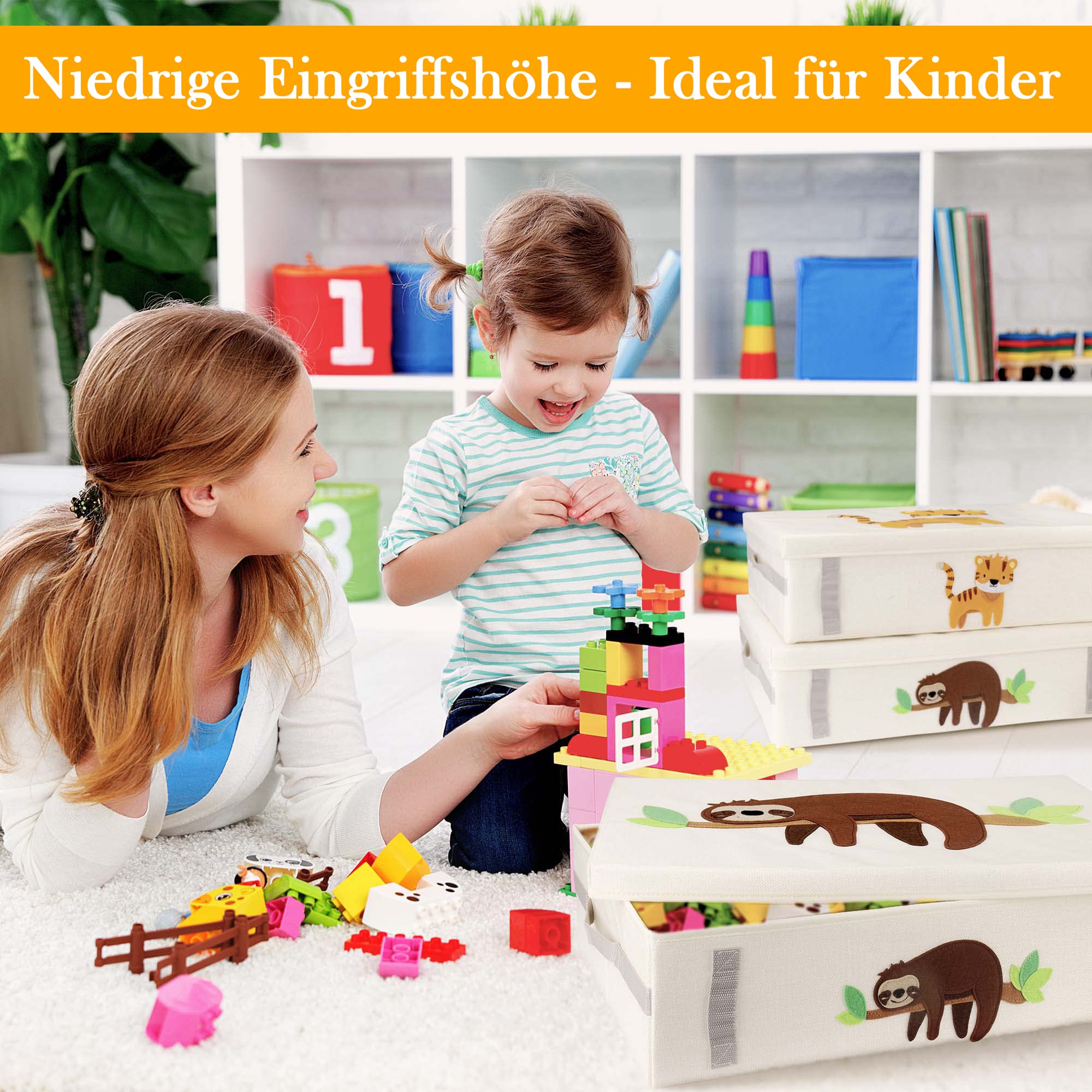 GRINSEZWERGE 2er-Set Spielzeugkiste zur Aufbewahrung unter dem Bett | Unterbettbox Kinder | Aufbewahrungsbox Kinder | große Spielzeugbox mit Deckel für Kinderzimmer | Unterbett Box Kiste flach